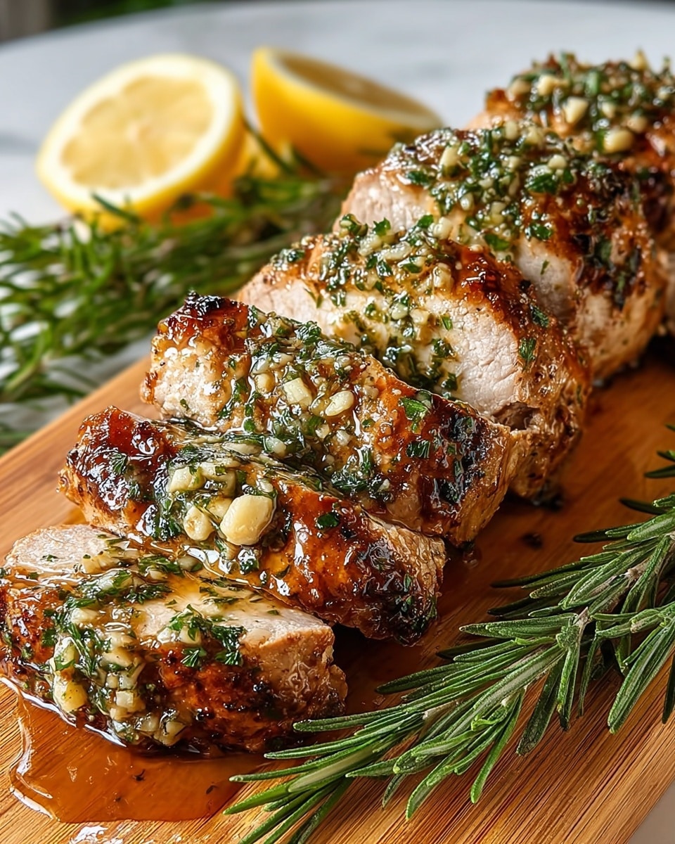 The image shows a wooden board holding a juicy, grilled pork tenderloin sliced into thick pieces. The tenderloin is covered with a glossy sauce made of chopped garlic and fresh green herbs, with a darker brown crust on the outside and a moist, light beige inside. Fresh rosemary sprigs are placed on the right side of the board, while lemon wedges sit in the background adding a touch of bright yellow. The whole scene is set on a white marbled surface. photo taken with an iphone --ar 4:5 --v 7