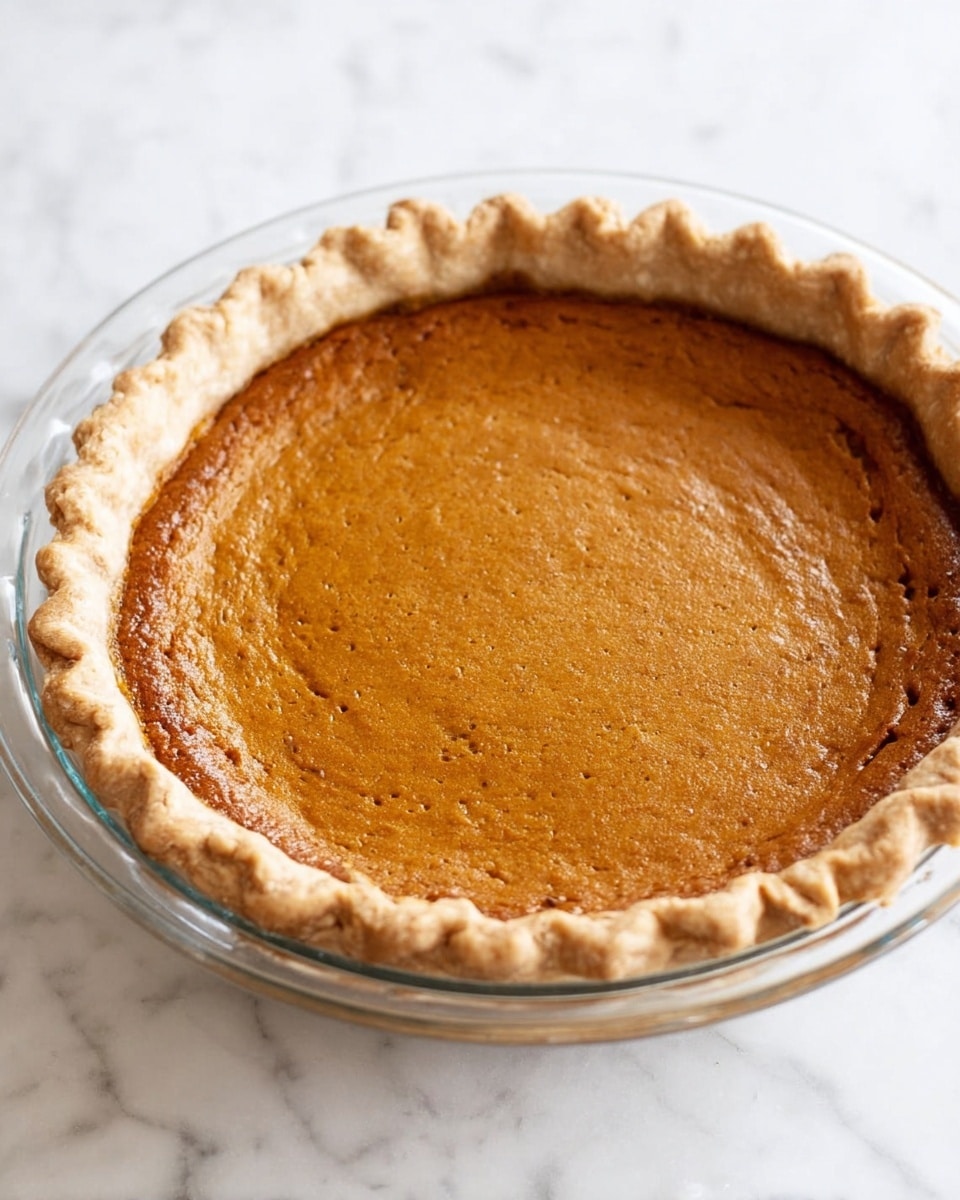 A pumpkin pie with one layer, showing a smooth, slightly cracked top with a warm brown color. The pie is held in a clear glass pie dish with a fluted edge crust that is light golden brown and flaky. The dish sits on a white marbled textured surface, giving a clean and bright background. photo taken with an iphone --ar 4:5 --v 7