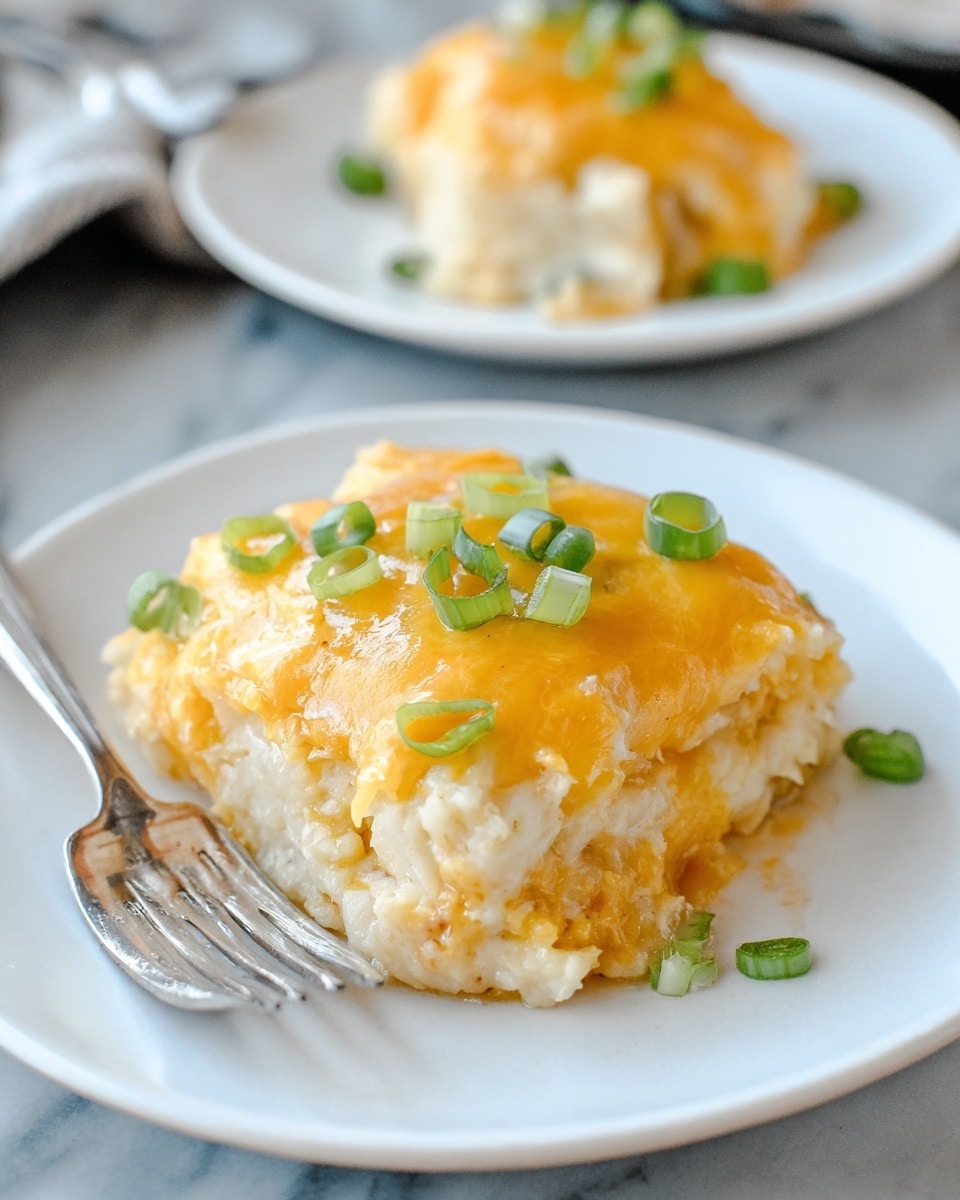 The image shows a white plate with a thick, creamy two-layered dish. The bottom layer is light beige with a soft, slightly textured look, resembling a mix of potatoes or rice. The top layer is a smooth, melted golden-yellow cheese covering the base almost fully and slightly oozing down the sides. Bright green sliced scallions are scattered on top, adding a fresh burst of color. A fork rests on the edge of the plate, and the scene is set on a white marbled surface with a blurred second white plate of the dish in the background. photo taken with an iphone --ar 4:5 --v 7