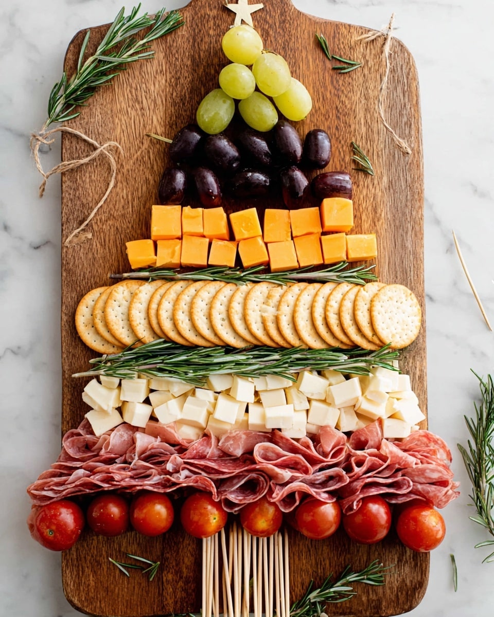 A wooden board placed on a white marbled surface holds a colorful arrangement of snacks layered by type; at the top, a small pile of thin pale pink and white folded prosciutto rests beside two sprigs of fresh green rosemary, below it a cluster of shiny black olives and green grapes mixed with halved red cherry tomatoes and small white cheese cubes scattered alongside more rosemary; in the middle, a row of folded red salami slices with white marbling sits above a neat line of round golden crackers; beneath the crackers, there is a bunch of dark purple grapes with another rosemary sprig, and finally, at the bottom, orange cheese cubes are placed next to a small bundle of pretzel sticks, all layers separated and accented by rosemary sprigs. Photo taken with an iphone --ar 4:5 --v 7