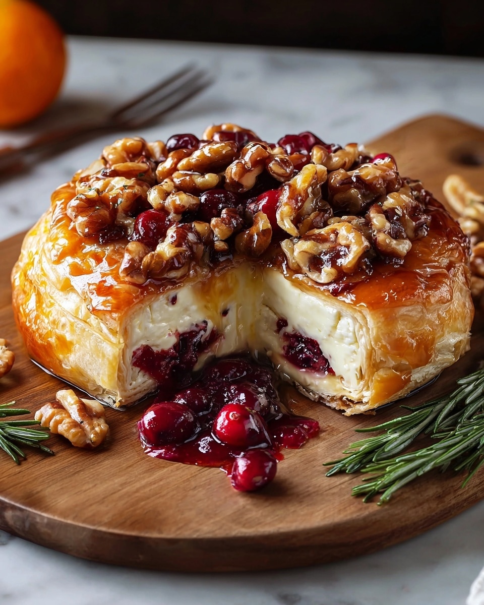 A round pastry with a shiny, golden brown crust topped with a generous layer of glazed whole and broken walnuts. The pastry is cut open to reveal two thick layers of creamy white cheese around a middle layer of vibrant red cranberry filling. Several whole cranberries and a bit of melted cheese with cranberry juice spill out from the slice. The pastry sits on a wooden board, with some rosemary sprigs at the front and an orange fruit blurred in the background, all on a white marbled surface. photo taken with an iphone --ar 4:5 --v 7