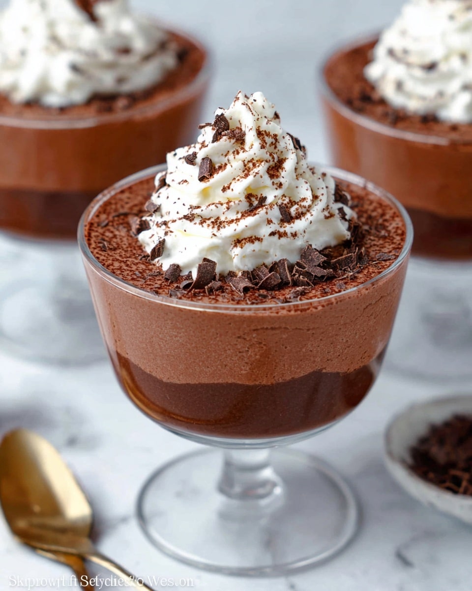 This image shows a glass dessert cup filled with two visible layers of smooth, rich dark chocolate mousse. The top layer is a deep brown with a fine, velvety texture, sprinkled with small chocolate shavings and cocoa powder, adding a slightly rough look. On the very top, there is a swirl of white whipped cream, soft and fluffy, dusted lightly with cocoa powder. The glass cup stands on a white marbled surface, and two other similar mousse cups appear blurred in the background. Photo taken with an iphone --ar 4:5 --v 7