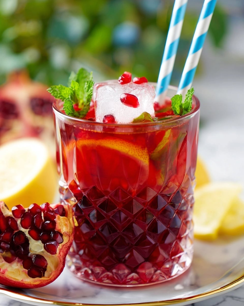 A clear glass with a textured, diamond pattern is filled with a deep red drink. Inside the glass, there are small red pomegranate seeds floating near the top along with green mint leaves and thin yellow lemon slices. Two blue and white striped paper straws stand upright from the drink. At the base of the glass, there is a large ice cube. Next to the glass, part of a white plate with a gold rim holds a pomegranate half full of dark red seeds and a slice of lemon. The scene is set on a white marbled surface with soft focus greenery in the background. Photo taken with an iphone --ar 4:5 --v 7