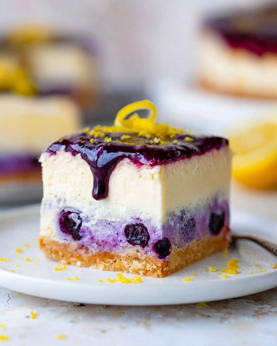 A square slice of cheesecake sits on a white plate placed on a white marbled surface. The cheesecake has four visible layers: the bottom layer is a light brown crumbly crust, above it a thick purple blueberry layer with whole berries, followed by a thick creamy pale yellow cheesecake layer, and topped with a smooth layer of bright white cream. On top of the cream is a generous glossy purple blueberry sauce that slightly drips down the sides. The cheesecake slice is decorated with a small yellow lemon twist on top and tiny lemon zest sprinkles scattered around it and on the plate. The background is softly blurred with another slice visible. Photo taken with an iphone --ar 4:5 --v 7