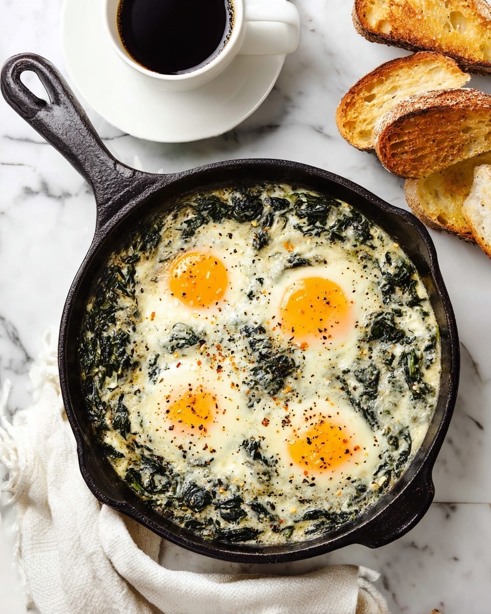 A black cast iron skillet holds a cooked dish with three sunny-side-up eggs evenly spaced on a creamy, textured base of wilted dark green spinach mixed with melted cheese, speckled with black pepper. The skillet rests on a white marbled surface, with a folded white cloth draped over the handle. To the top left, there is a white cup filled with black coffee on a matching saucer, and at the top right and bottom right corners, there are slices of crusty toasted bread with a golden-brown edge. photo taken with an iphone --ar 4:5 --v 7