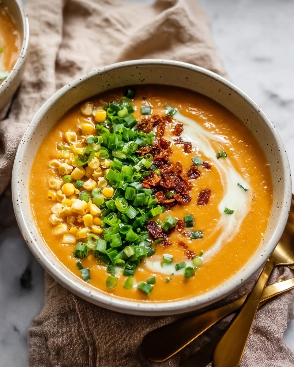 A bowl filled with thick, creamy orange soup forms the base layer, topped with a swirl of white cream on one side; over this, there is a sprinkle of small crispy brown bits and finely chopped light yellow corn pieces on the left side, while the right side features a generous pile of fresh, bright green chopped scallions; the bowl is white with a simple speckled texture and two gold spoons rest inside on the right side; all of this is set against a soft, beige cloth on a white marbled surface. photo taken with an iphone --ar 4:5 --v 7