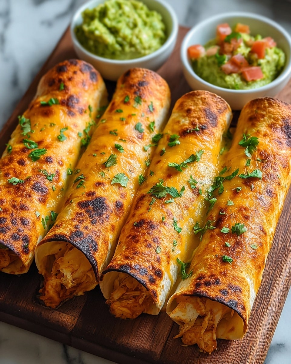 Four rolled enchiladas sit side by side on a wooden board, each with a golden-yellow crispy outer layer that shows dark brown char marks and light black specks. The ends are open, revealing a soft, shredded white chicken filling mixed with melted orange cheese inside. Chopped green cilantro leaves are scattered over the top of the rolls and board. Behind the enchiladas, two small white bowls contain chunky green guacamole mixed with bits of red tomato, placed on a white marbled surface. Photo taken with an iphone --ar 4:5 --v 7