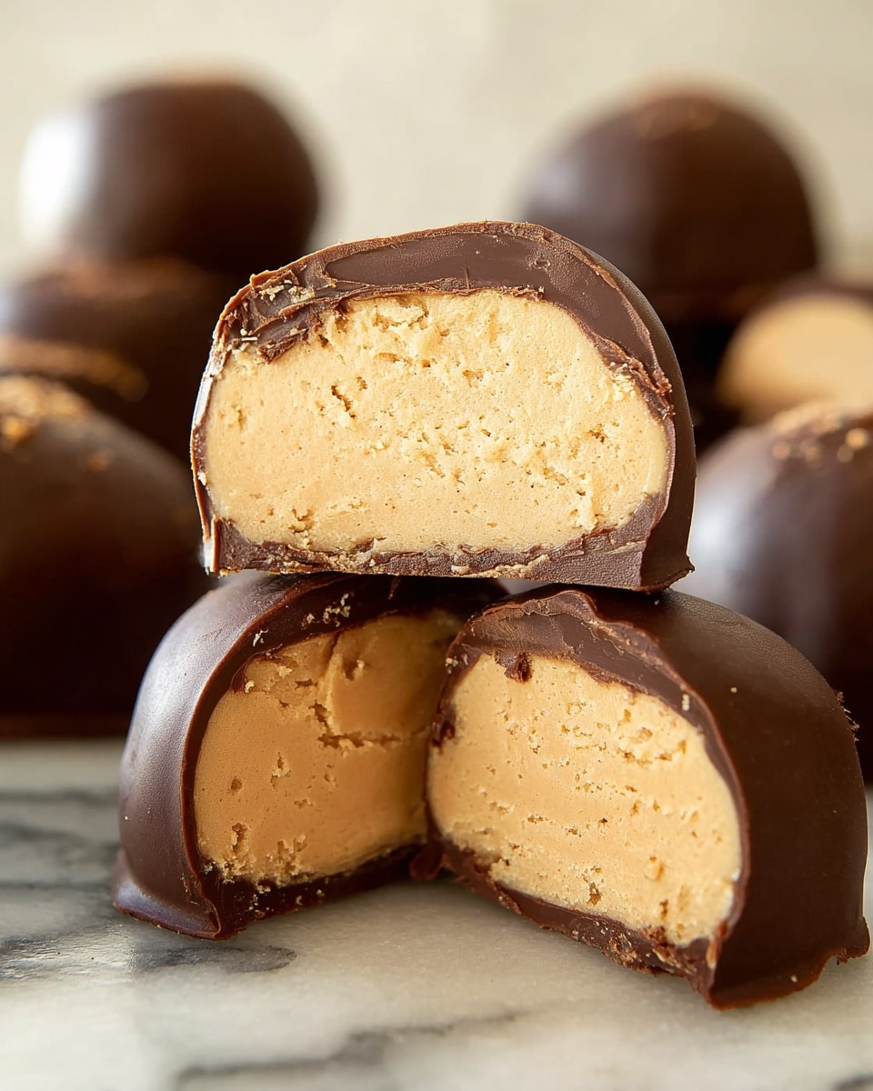 The image shows a close-up of peanut butter truffles cut in half, revealing two layers: a thick, creamy light brown peanut butter layer inside with a smooth texture, and a thin glossy dark brown chocolate shell covering the outside. The truffles are arranged in a stacked formation with one piece resting on top of another, and additional whole and sliced pieces blurred in the background on a white marbled surface. photo taken with an iphone --ar 4:5 --v 7