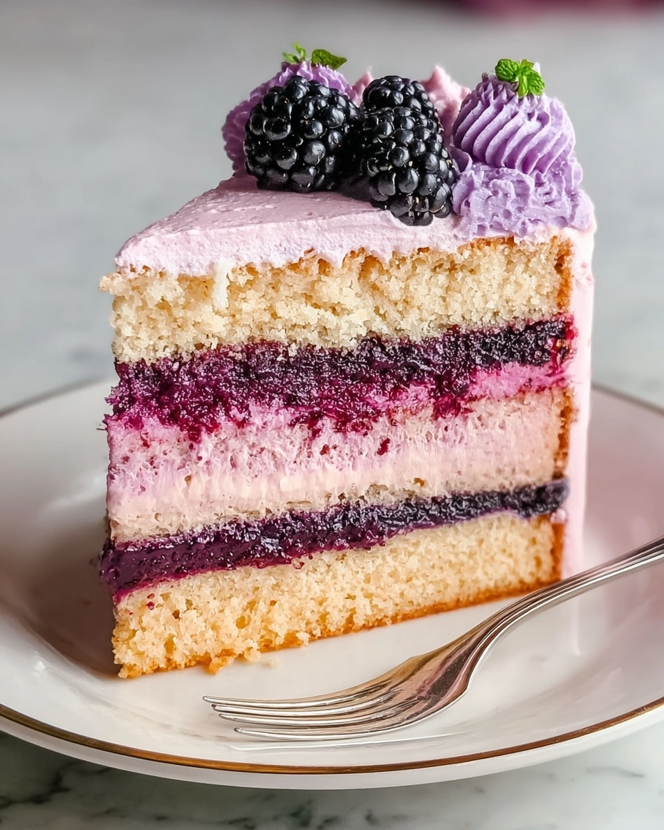 A slice of layered cake on a white plate with a gold rim, placed on a white marbled surface. The cake has four layers: the bottom and third layers are light golden brown sponge cake, the second layer is dark purple berry filling, and the top layer is light pink cream. Each cake layer is separated by thick light pink cream frosting, with some dark purple berry filling in between. The top of the slice is decorated with fresh blackberries and a swirl of purple cream. A silver fork rests near the slice on the plate. Photo taken with an iphone --ar 4:5 --v 7