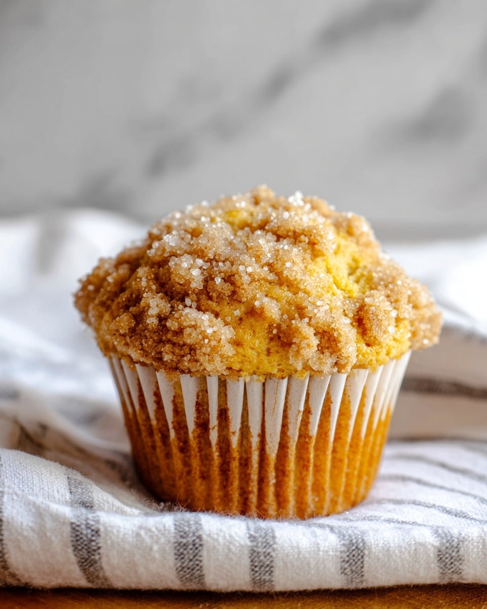 A single golden-brown muffin sits on a white and gray striped cloth over a wooden table. The muffin has a rough, crumbly top with small white sugar crystals sprinkled over it. The paper baking cup is white and tightly hugs the muffin’s sides, showing slight browning near the bottom. The muffin’s texture looks soft and moist with a slightly cracked, dense interior visible on the right side. The background is softly blurred with a warm tone, and the surface beneath is a white marbled texture. photo taken with an iphone --ar 4:5 --v 7
