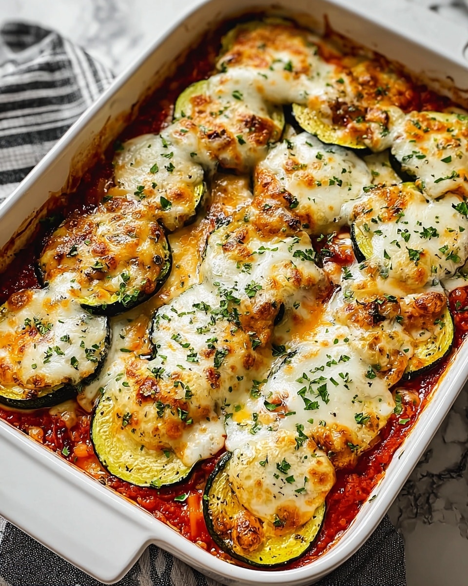 A white baking dish filled with a layered casserole, showing slices of cooked zucchini placed evenly on top in two rows, covered with melted golden-brown cheese and sprinkled with chopped green herbs. Underneath the zucchini and cheese, a mix of diced red tomatoes, creamy white sauce, and chunks of tender chicken can be seen, all baked together with slightly browned edges around the dish. The texture is bubbly and rich, with the cheese melted smoothly over the vegetables and meat, resting on a white marbled surface. photo taken with an iphone --ar 4:5 --v 7