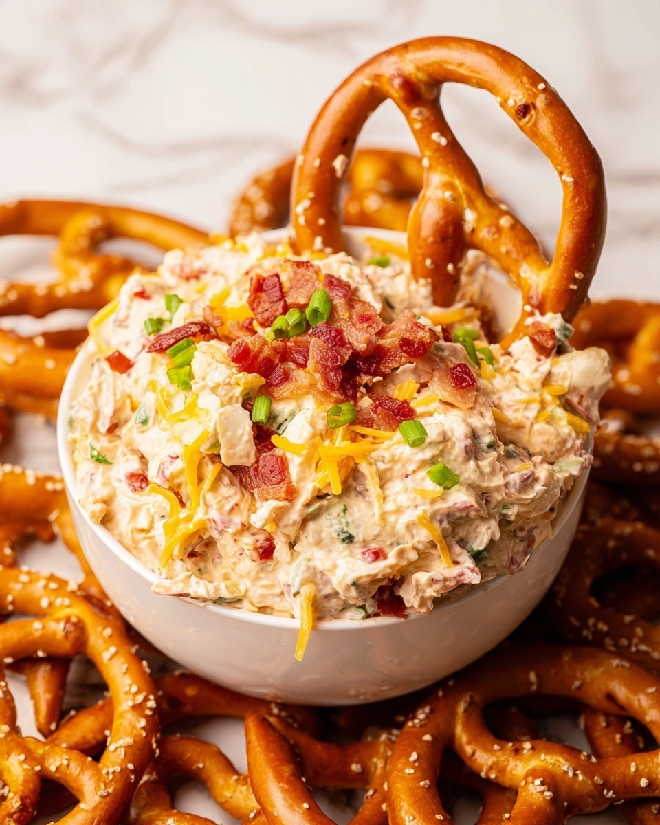 A white bowl filled with a creamy, thick mixture that has visible layers of shredded yellow cheese, small pieces of crispy red bacon, and chopped green onions mixed throughout. The mixture has a smooth texture with some chunkiness from the ingredients. A single large, golden-brown pretzel is placed standing upright on top of the mixture. Surrounding the bowl are several more golden-brown pretzels, all resting on a white marbled surface. The overall color palette is warm with pops of green, red, and yellow against the creamy base. photo taken with an iphone --ar 4:5 --v 7