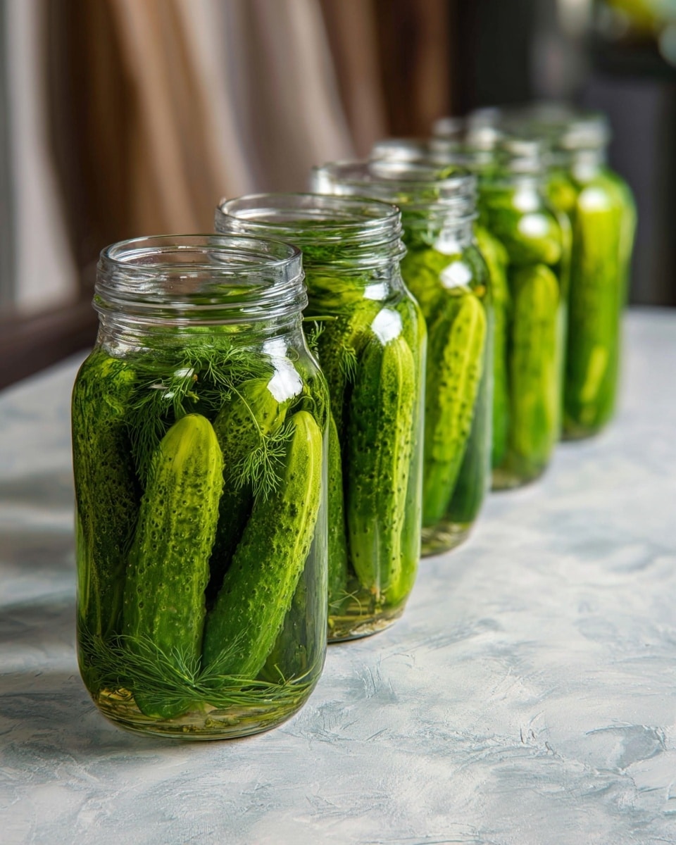 Five clear glass jars filled with green pickling cucumbers and fresh dill are lined up diagonally on a white marbled textured surface. Each jar contains whole cucumbers submerged in clear brine, showing the bright green color and bumpy texture of the cucumbers. The jars decrease in size from front to back, with the closest jar being the largest and most detailed, highlighting the fresh herbs inside. The background is softly blurred with a mix of light and dark colors, enhancing the focus on the jars. photo taken with an iphone --ar 4:5 --v 7