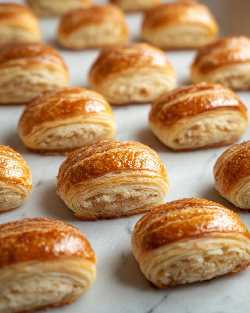 The image shows a group of small baked pastries arranged in rows on a white marbled surface, with a golden-brown shiny top layer that looks crisp and slightly cracked, giving a textured appearance. Each pastry is made of about four visible layers that alternate between light beige dough and a slightly darker filling, showing a soft, coarse texture inside. The pastries are shaped like small rounded rectangles and are evenly spaced, with the focus on the front row where the details and layers are clear, while the back rows slowly blur. Photo taken with an iphone --ar 4:5 --v 7