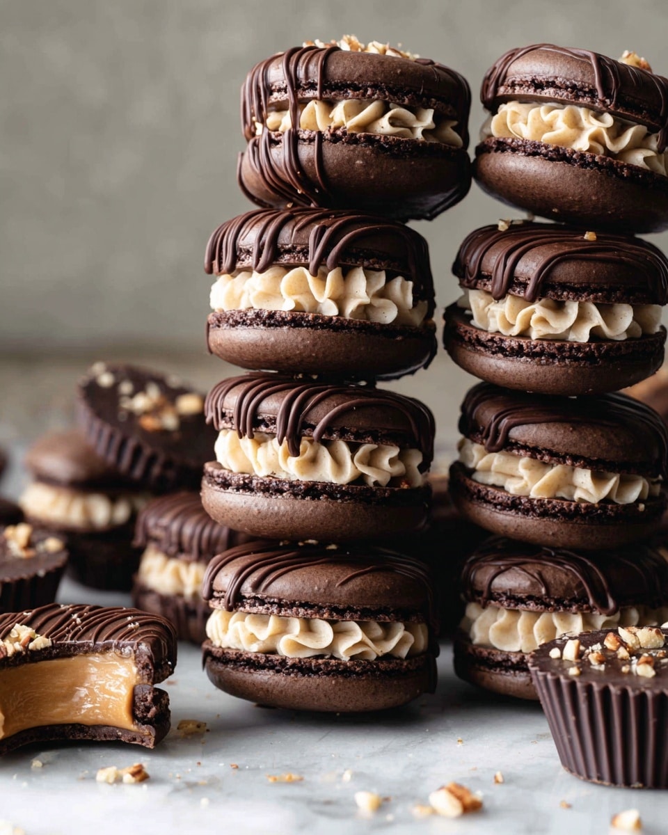A tall stack of chocolate macaron sandwiches sits on a white marbled surface, each macaron having two smooth, dark brown chocolate shells with a light beige, creamy filling piped in a ruffled pattern between the shells. Some macarons are placed inside dark brown ridged paper cups, adding a slight texture at the bottom layer, while others rest directly on the surface. A few macarons are drizzled with thin lines of dark chocolate on the top shell, and small bits of chopped nuts are sprinkled lightly on top. To the left, a half-eaten peanut butter cup with a bite taken out exposes its creamy center. The overall scene is softly lit to highlight the textures and colors. photo taken with an iphone --ar 4:5 --v 7