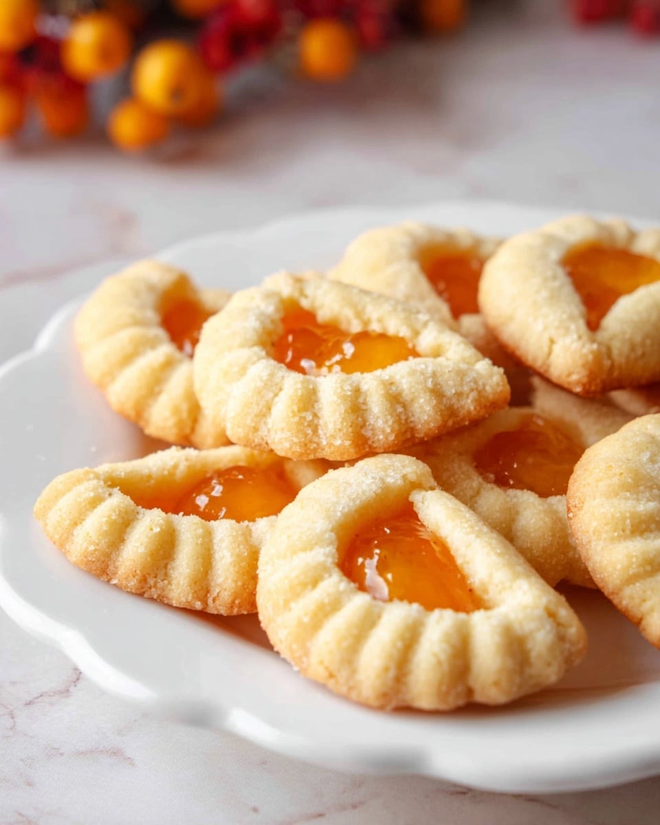 The image shows a white plate filled with several small cookies, each folded to create a pocket that reveals a bright orange jam filling in the center. The cookies have a light golden color with a slightly crumbly texture and scalloped edges. The jam inside is glossy and smooth, contrasting with the matte surface of the cookies. The plate is placed on a white marbled textured surface with a blurred background of orange and red berries. photo taken with an iphone --ar 4:5 --v 7