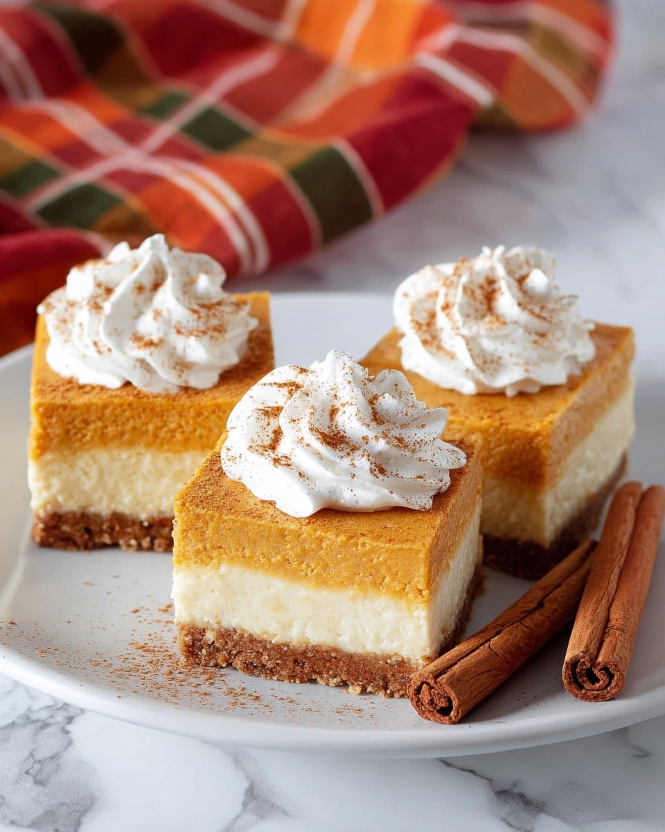 Three square pieces of pumpkin cheesecake sit on a white plate with a white marbled surface beneath it. Each piece has three clear layers: the bottom layer is a crumbly brown crust, the middle layer is a thick, smooth pumpkin cheesecake with a rich orange color, and the top layer is white whipped cream decorated with a light sprinkle of cinnamon powder. Two whole cinnamon sticks lay in front of the cheesecake pieces on the plate. In the background, there is a blur of red, orange, and green plaid fabric. Photo taken with an iphone --ar 4:5 --v 7
