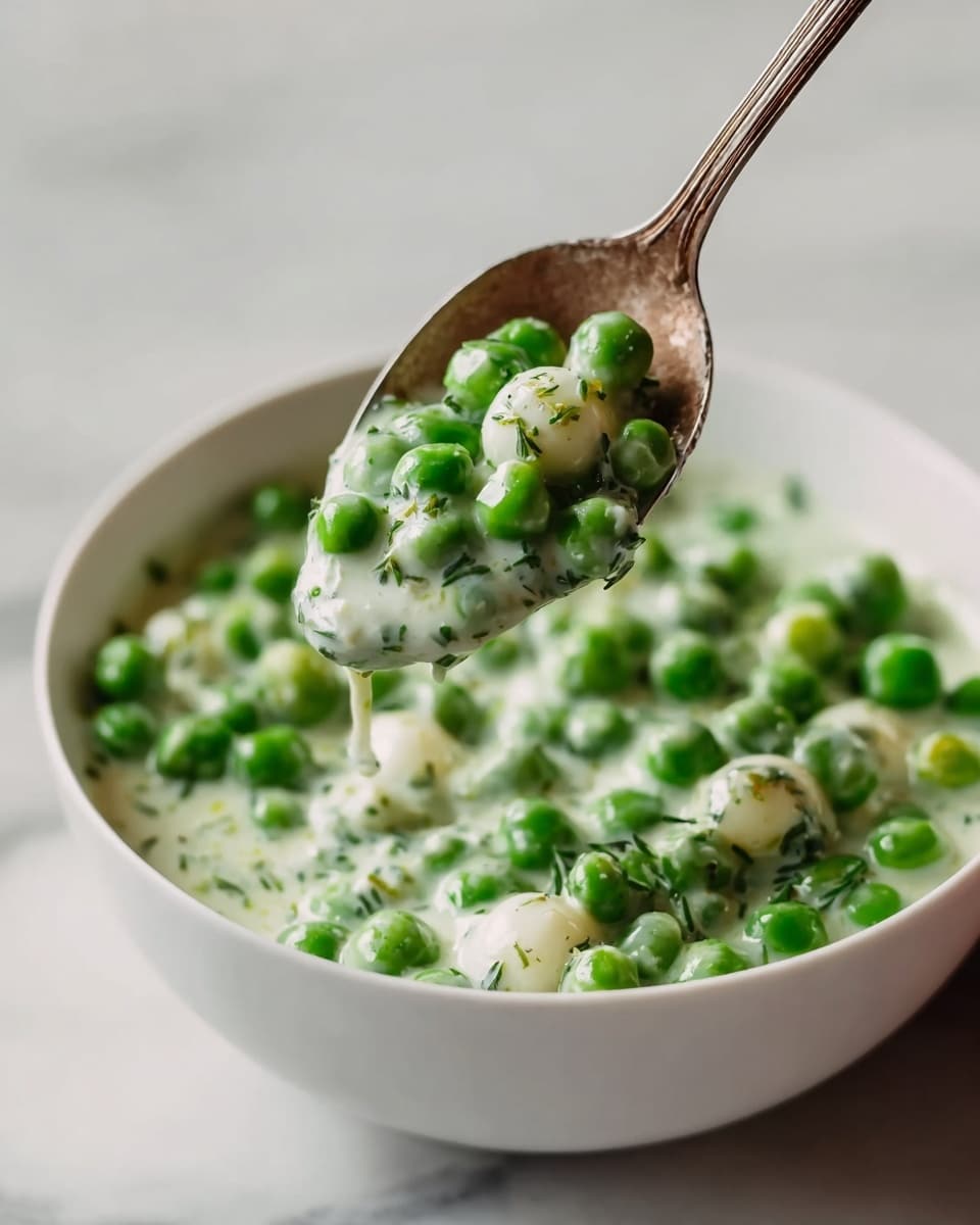 A close-up image shows a spoon holding a creamy mixture of bright green peas and small white pearl onions covered in a white sauce with specks of green herbs. The spoon, made of a tarnished silver or bronze metal, is angled above a white bowl filled with the same creamy pea and pearl onion mixture. The sauce looks smooth and glossy, and some drops are dripping off the spoon. The bowl sits on a white marbled surface, adding a soft and clean background to the vibrant green and white colors of the dish. photo taken with an iphone --ar 4:5 --v 7