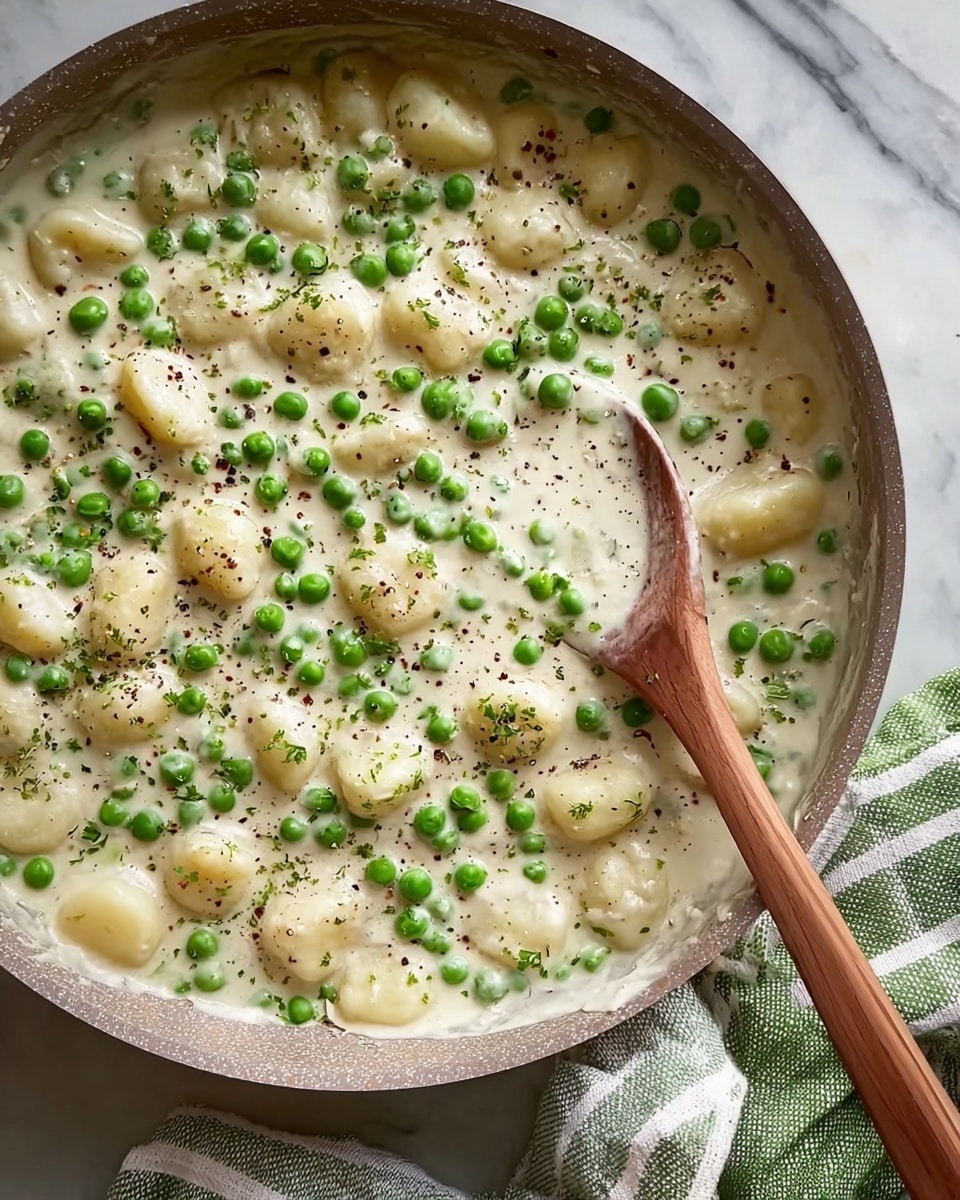 A close-up image shows a pan filled with a creamy white sauce containing soft gnocchi pieces and bright green peas spread evenly throughout. The sauce has a smooth texture with black pepper sprinkled over it, adding contrast. A wooden spoon rests on the right side, partially submerged in the sauce, and the pan sits on a white marbled surface with a green and white striped cloth nearby. photo taken with an iphone --ar 4:5 --v 7