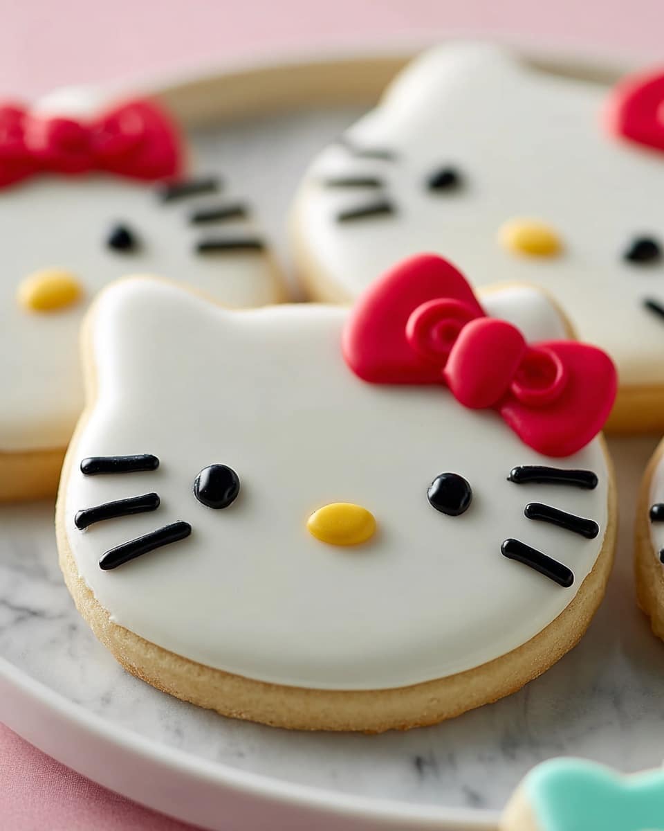 The image shows a cookie in the shape of a cat's face with a smooth white icing layer covering the whole top, showing slightly the light beige cookie base around the edges. It has two small black icing eyes, a small yellow icing nose in the center, and three short black icing whiskers on each side near the cheeks. A bright red bow made of thick icing sits near the top right ear of the cat, adding a pop of color and texture. The cookie rests on a white plate with a white marbled texture background, and other similar cookies are slightly blurred in the background. photo taken with an iphone --ar 4:5 --v 7