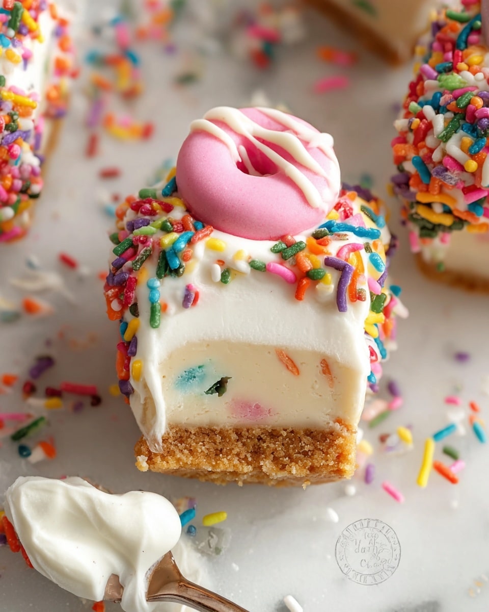 The image shows a close-up of a small dessert with three visible layers. The bottom layer is a crumbly, light brown crust. The middle layer is a creamy beige with small colorful sprinkles mixed inside. The top layer is white frosting, smooth and thick, covered with bright, multicolored sprinkles that also decorate the sides of the dessert. On top, there is a small pink donut-shaped candy with a white stripe. The dessert is placed on a white marbled surface with scattered sprinkles around, and a spoon with some white cream and sprinkles is near the bottom edge. Photo taken with an iphone --ar 4:5 --v 7