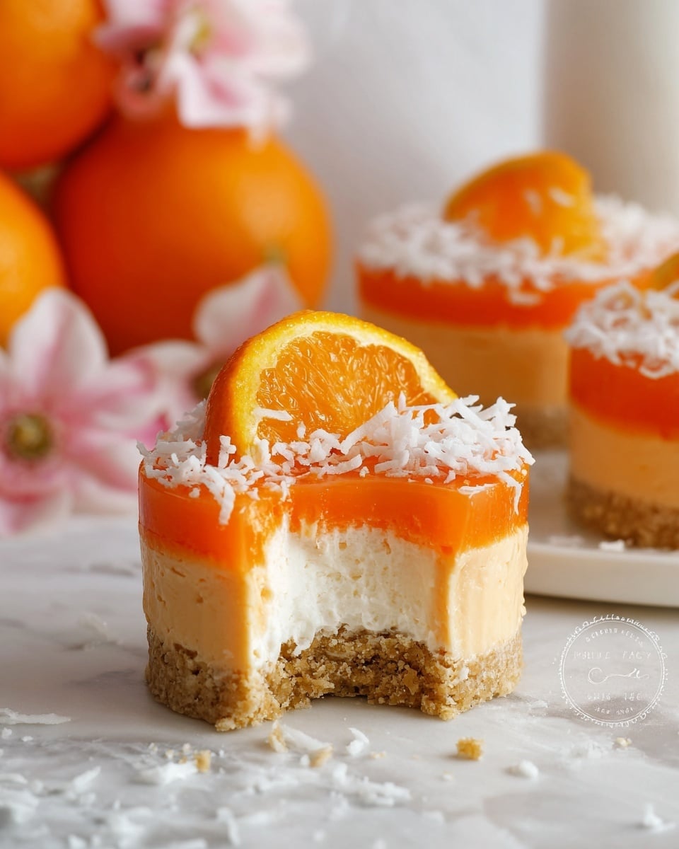 The image shows a close-up of a small round dessert with three layers. The bottom layer is a crumbly light brown base, the middle layer is a smooth orange cream, and the top layer is a bright orange jelly with a glossy texture. Shredded white coconut covers the sides of the orange cream layer. A thin wedge of orange sits on top of the jelly layer as decoration. The dessert has a bite taken from it, revealing the textures inside. In the background, there are blurred soft pink flowers and whole oranges on a white marbled surface. Photo taken with an iphone --ar 4:5 --v 7
