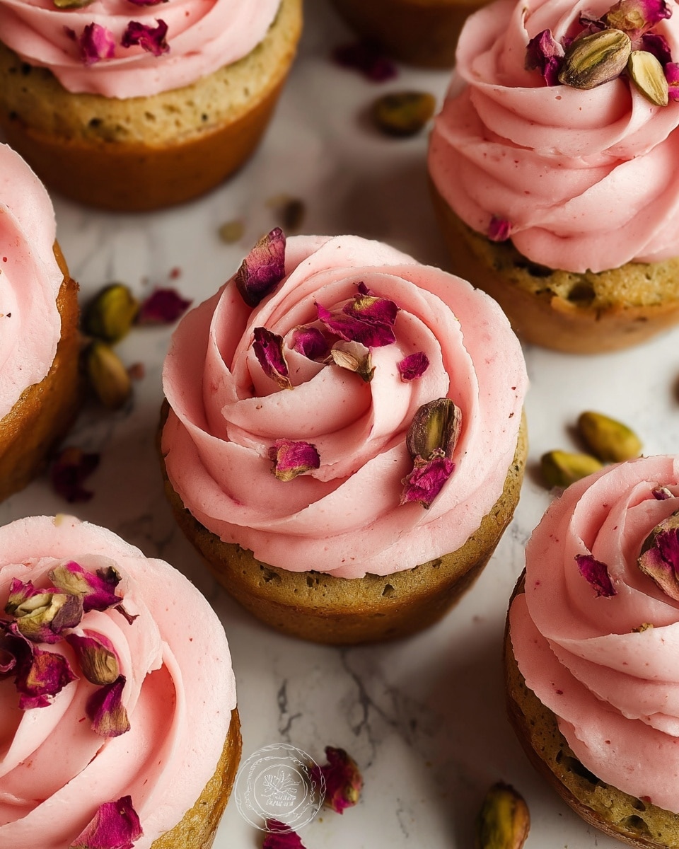 A set of small layered cakes placed on a white marbled surface. Each cake has three layers: a bottom crumbly beige crust, a middle creamy green layer with a smooth texture, and a top thick pink swirl of frosting decorated with small dark red flower petals. Scattered around the cakes are pistachio shells and crumbs. In the background, a glass of pink drink and a white pitcher are softly out of focus. Photo taken with an iphone --ar 4:5 --v 7