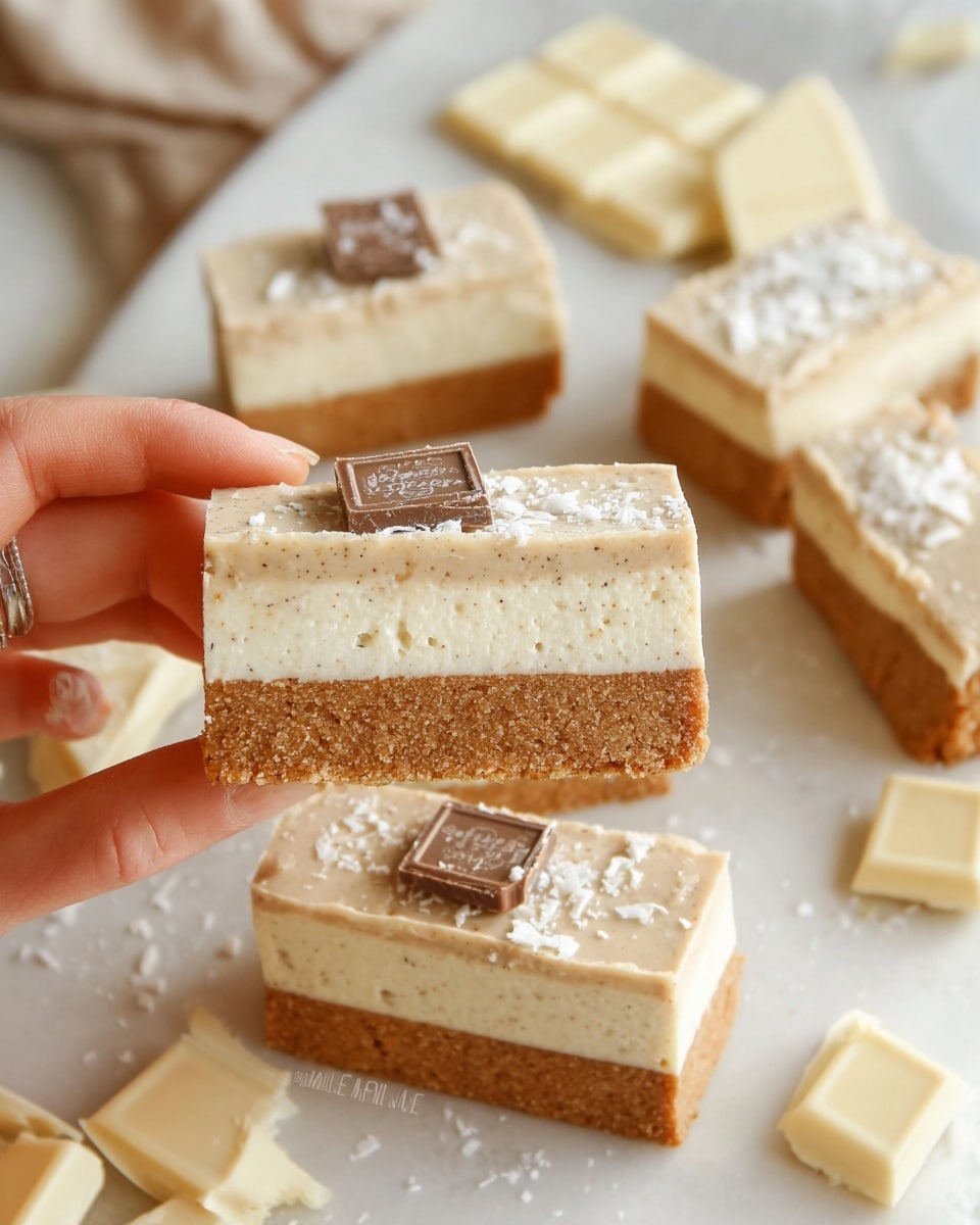 A close-up of a rectangular dessert bar held by a woman's hand, showing three distinct layers: a crumbly light brown base, a thick creamy white middle layer with visible specks, and a smooth light beige top layer sprinkled with white flakes and topped with a small square piece of light chocolate. More bars with the same layers and toppings are laid out on a white marbled surface, surrounded by pieces of white chocolate. The overall color palette is soft beige and brown tones. photo taken with an iphone --ar 4:5 --v 7