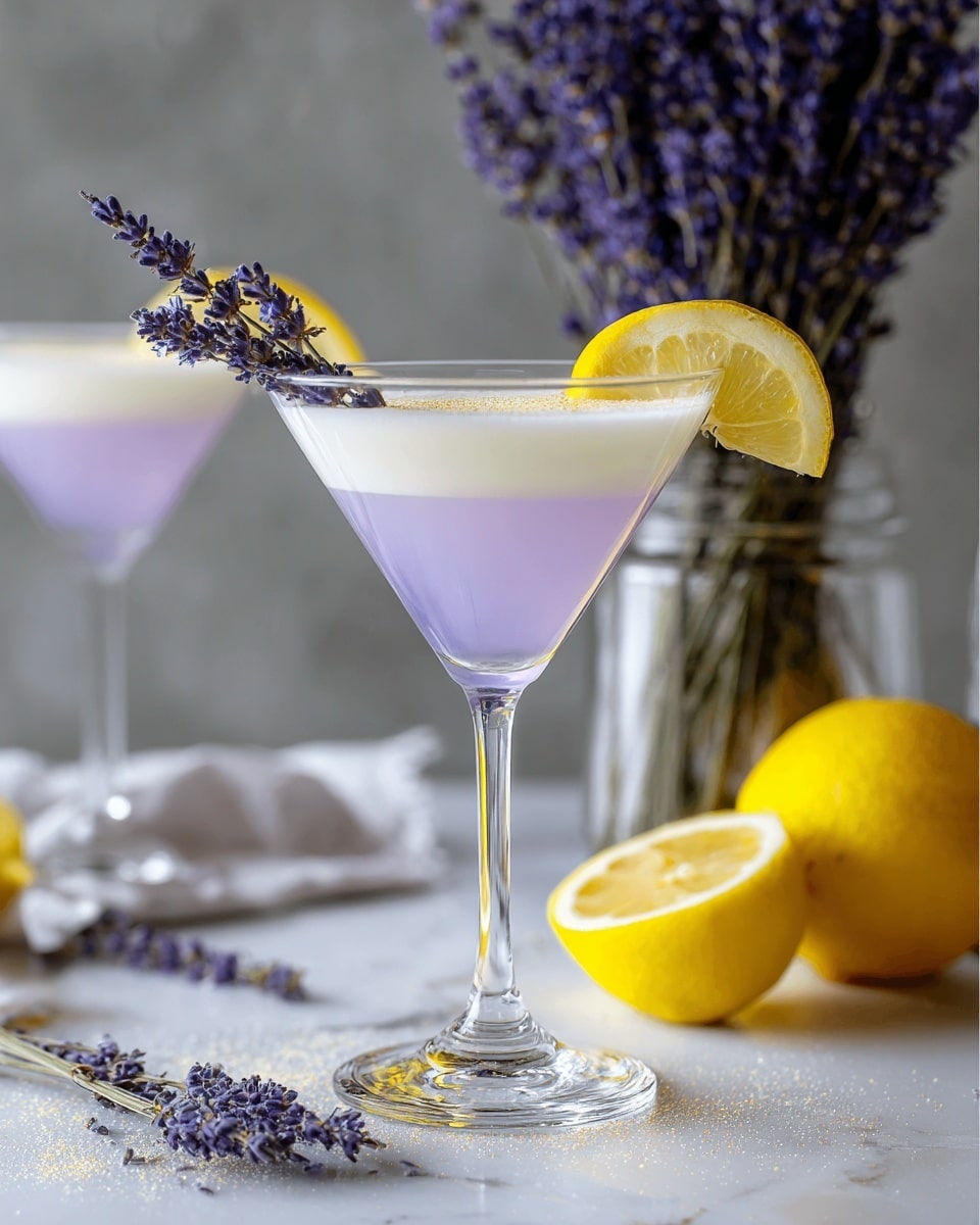 A clear martini glass holds a two-layered cocktail with a milky white bottom layer and a light purple top layer, topped with a lemon wedge and a small bunch of purple lavender flowers on the rim. The glass stands on a white marbled surface with loose lavender sprigs and coarse sugar scattered around. Behind it, there is a whole lemon and a half lemon, both bright yellow, along with a blurred second martini glass with a similar drink. In the background, tall lavender bunches in a clear glass jar add a deep purple contrast. The photo is taken with an iphone --ar 4:5 --v 7