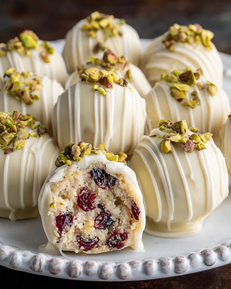 Round white chocolate truffles are shown on a white plate with ornate edges, placed on a white marbled texture. Each truffle has a smooth white coating with white chocolate drizzle lines across the surface. Two truffles are cut in half in the front center, revealing a dense, light-colored interior filled with bright red dried cranberries and chopped green pistachios. Some whole truffles are topped with sprinkled chopped pistachios adding texture and color contrast. The image focuses on the front cut truffles with soft lighting highlighting the creaminess and crunchy nuts. photo taken with an iphone --ar 4:5 --v 7