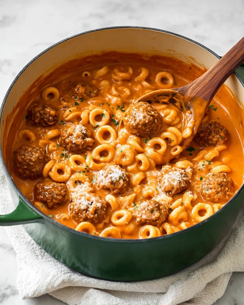 A large green pot filled with a creamy orange pasta sauce holding multiple small round meatballs and many round-shaped pasta pieces similar to ringlets. The sauce looks smooth and coats the pasta well. A wooden spoon is scooping up a portion of the pasta and meatballs from the pot, showing the dense, rich texture of the dish. The pot sits on a white cloth with a white marbled surface underneath. photo taken with an iphone --ar 4:5 --v 7