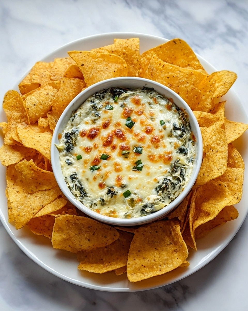 A white bowl filled with creamy spinach and artichoke dip topped with melted, lightly browned cheese and small green herb pieces sits at the center of a larger white plate. Surrounding the bowl is a single thick layer of golden-yellow, crunchy tortilla chips with a slightly rough texture. The plate rests on a white marbled surface. photo taken with an iphone --ar 4:5 --v 7