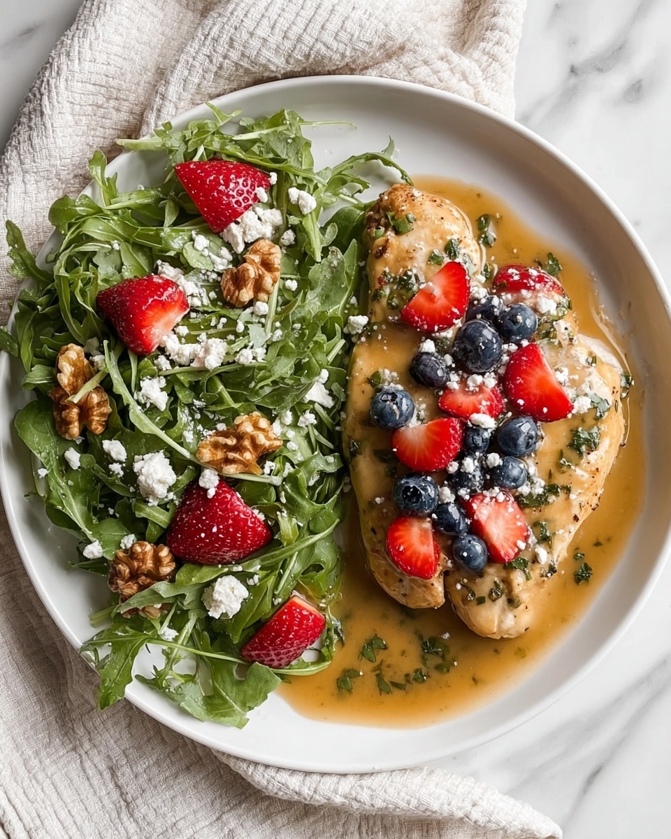A white plate holds a meal with two main parts: on the left side, there is a fresh arugula salad with bright green leaves scattered with whole walnuts and sliced red strawberries, all lightly sprinkled with white crumbled cheese; on the right side, two pieces of cooked chicken breast covered in a glossy light brown sauce with green herb bits visible, topped with a colorful mix of whole blueberries and sliced strawberries, and sprinkled with more white crumbled cheese. The plate rests on a white marbled surface with a light, textured cloth partially under it. Photo taken with an iphone --ar 4:5 --v 7