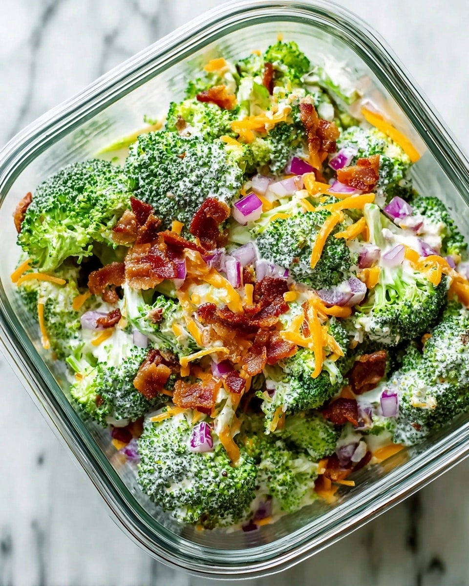 The image shows a close-up of a clear glass container filled with a fresh broccoli salad. The salad has three main layers: bright green broccoli florets with a slightly rough texture, thin slices of orange cheddar cheese scattered throughout, and small pieces of crispy brown bacon on top. There are also bits of chopped red onion mixed in, adding spots of purple. The salad is coated evenly with a creamy white dressing that clings to the broccoli and other ingredients. The container sits on a white marbled surface. photo taken with an iphone --ar 4:5 --v 7