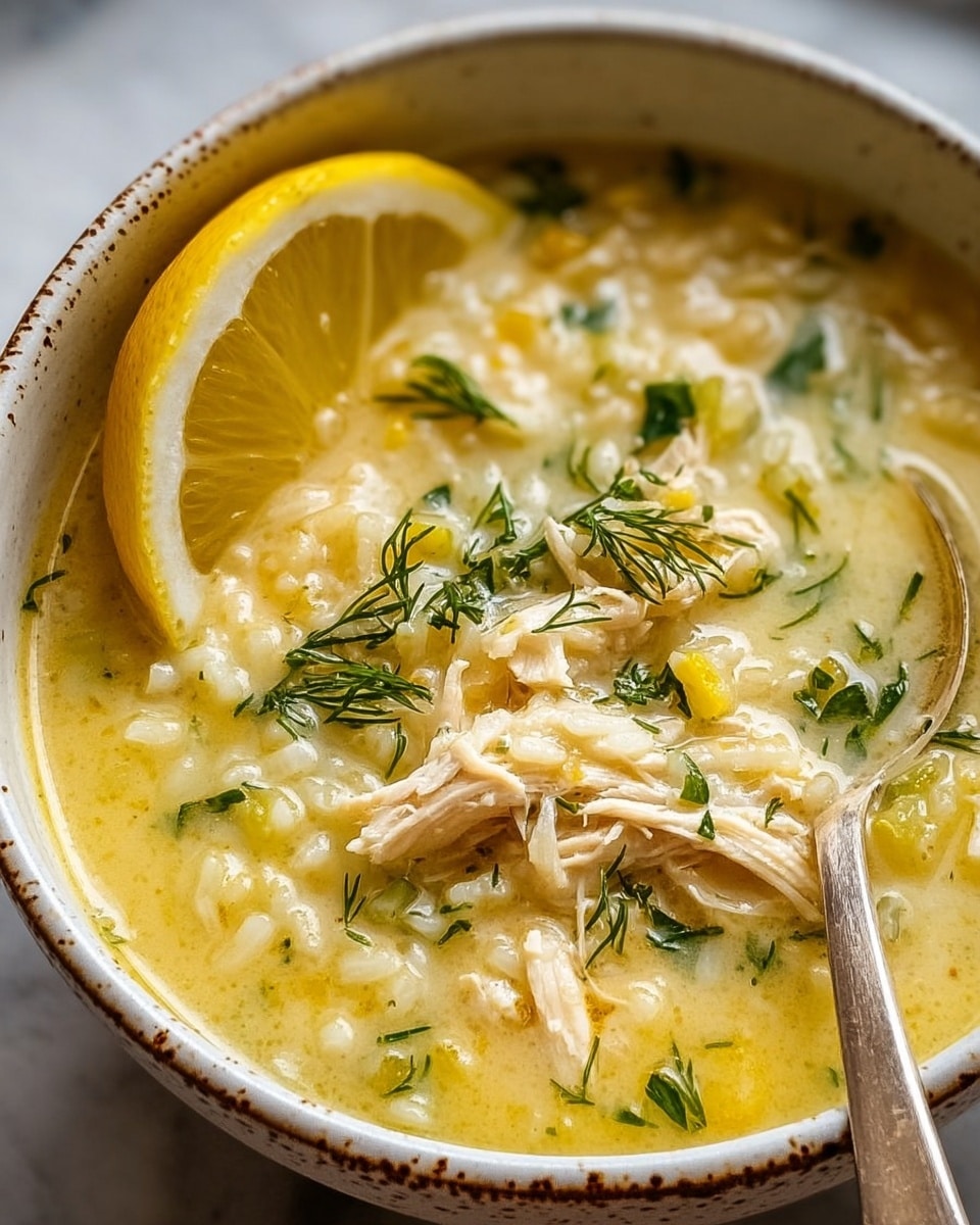 A close-up of a bowl filled with creamy yellow soup that has visible grains of rice and shredded pieces of chicken mixed in. Fresh green dill is sprinkled on top, adding small flashes of color across the surface. A bright yellow lemon wedge is placed inside the bowl on one side, and a spoon rests in the soup on the right. The bowl is white with a speckled brown rim, set against a white marbled surface in soft natural light. photo taken with an iphone --ar 4:5 --v 7