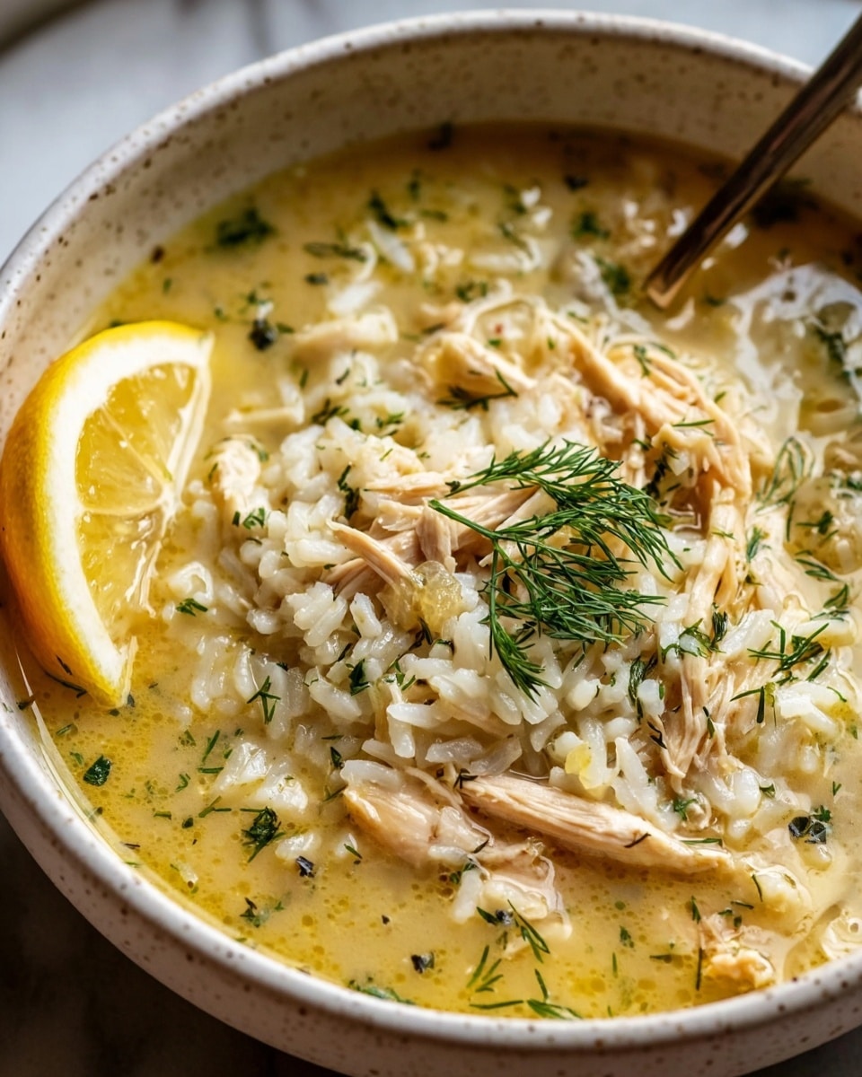 A close-up view of a creamy chicken and rice soup in a white speckled bowl, filled with soft white rice grains and tender light brown shredded chicken pieces spread evenly throughout. The soup has a rich yellowish broth with visible small herbs and a sprinkle of fresh green dill on top, giving it a fresh touch. A bright yellow lemon wedge rests on the edge of the bowl, and a spoon is partially submerged in the soup on the right side. The bowl is set on a white marbled surface. photo taken with an iphone --ar 4:5 --v 7