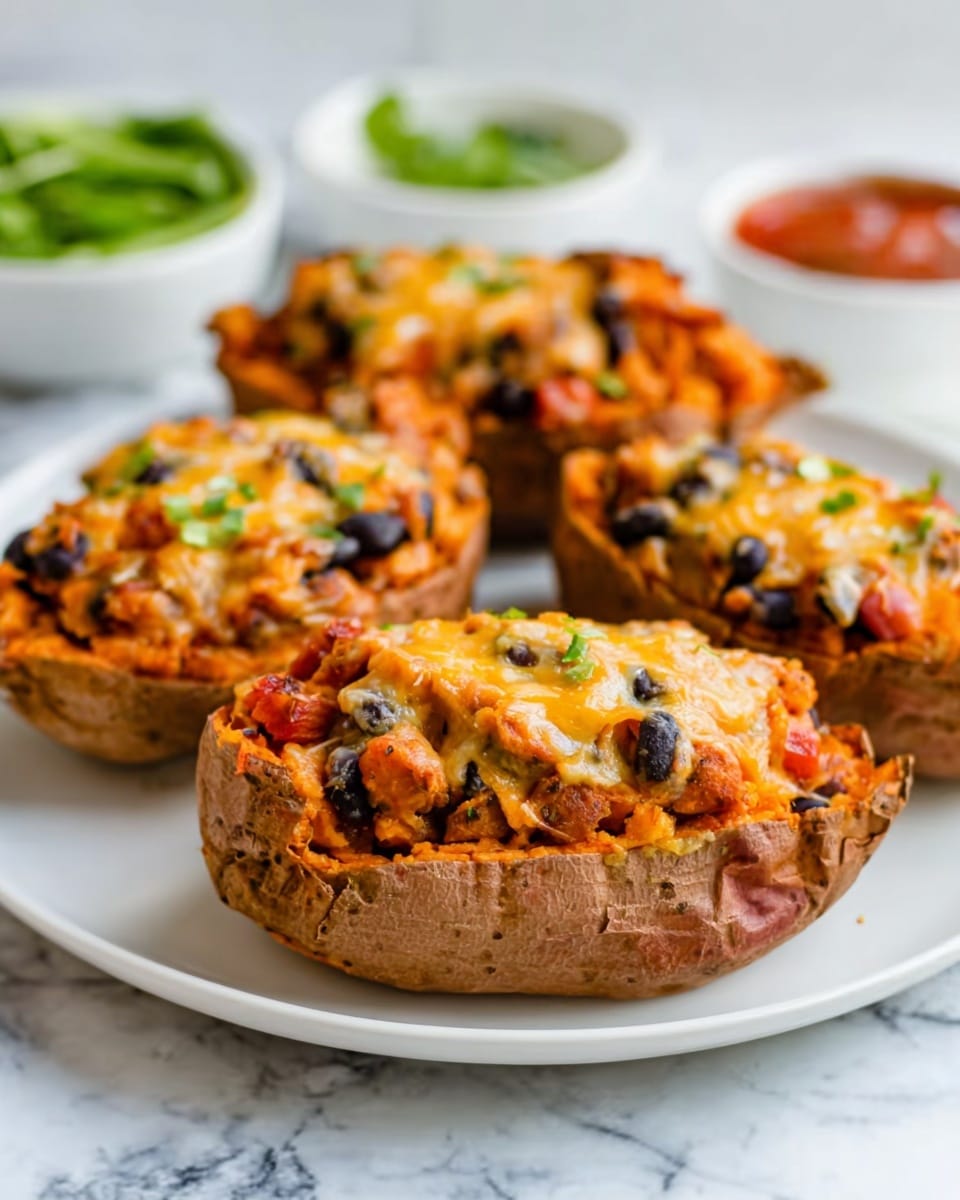 The image shows three baked stuffed sweet potatoes on a white plate placed over a white marbled surface. Each sweet potato is sliced open and filled with a mix of ingredients including black beans, chunks of red tomatoes, and orange melted cheese on top. The sweet potato skin is slightly crisp and dark orange-brown in color. The filling inside is textured with visible soft beans and pieces of tomato, and the cheese is melted and slightly browned in spots, giving a warm and appetizing look. In the background, there are two blurred small bowls, one appears to contain green leafy vegetables and the other a red sauce. Photo taken with an iphone --ar 4:5 --v 7