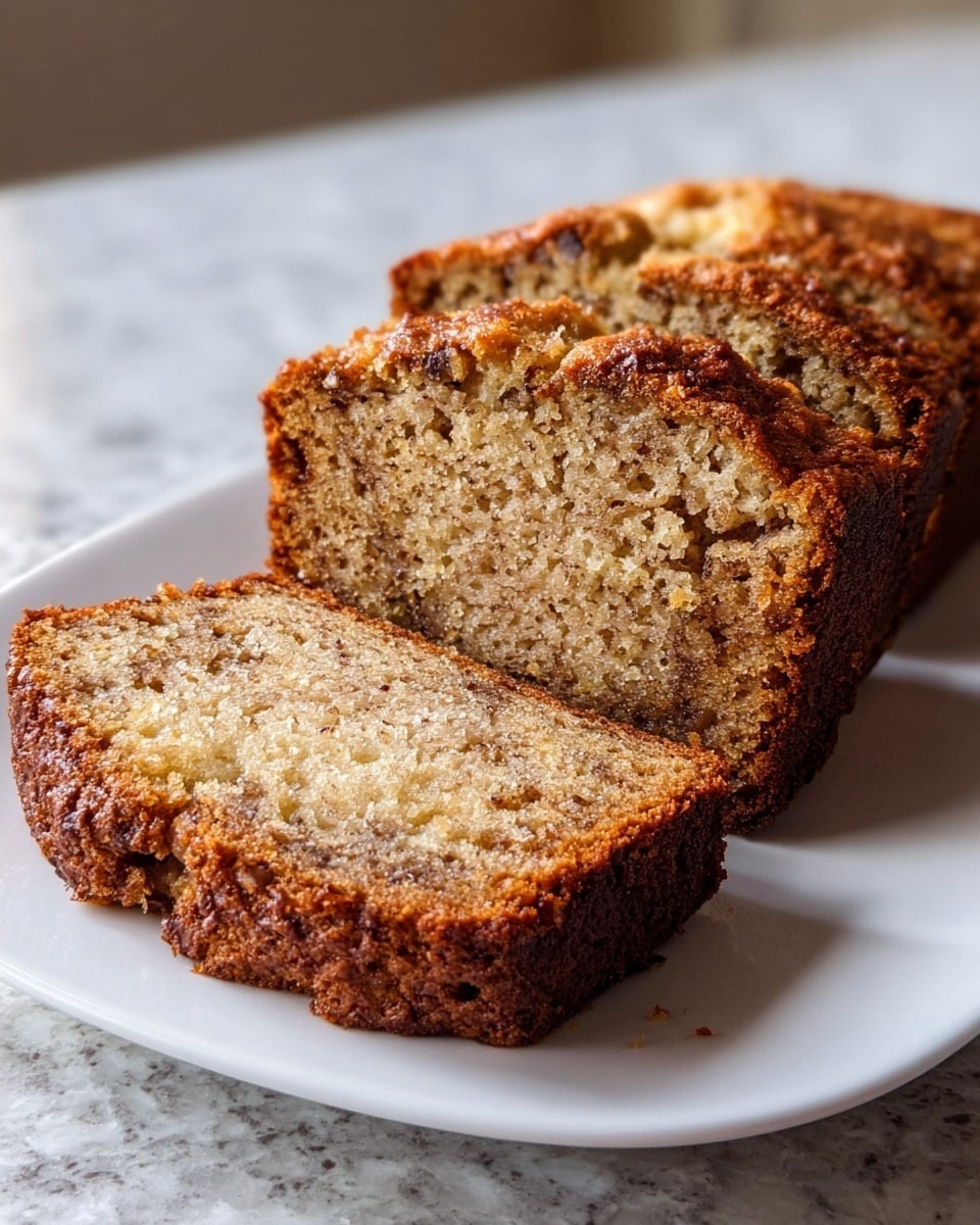 A loaf cake is sliced into three pieces, placed on a white plate set on a white marbled surface. The cake has a textured, browned crust with a slightly cracked top, while the inside shows a moist, spongy texture with tiny dark spots spread evenly, indicating bits of nuts or seeds. The slices are arranged so that the inside crumb and crispy edges of the cake are visible, showing a homely, freshly baked look. photo taken with an iphone --ar 4:5 --v 7