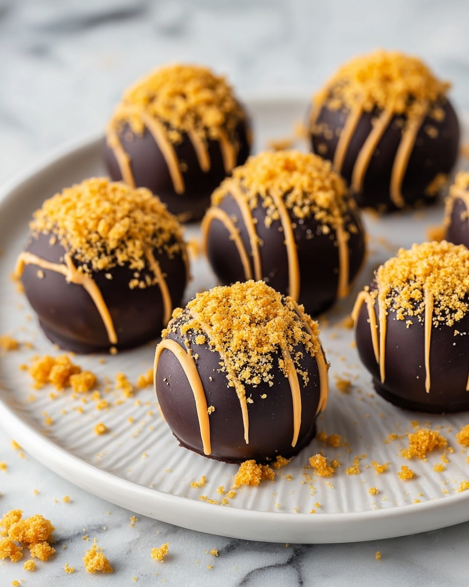 The image shows round chocolate truffles arranged on a white plate with a textured surface. Each truffle is covered in smooth dark chocolate forming the base layer. Over this, there are thin, light orange-colored drizzles running vertically down the sides. The top layer consists of finely crushed golden crumbs sprinkled generously, creating a rough texture on the dome of each truffle. Small crumb pieces are scattered on the plate around the truffles, enhancing the look. The backdrop features a soft focus and blends softly into the white marbled texture. photo taken with an iphone --ar 4:5 --v 7