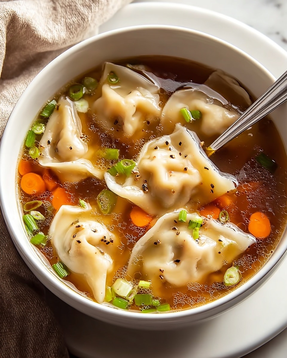 A white bowl filled with clear brown broth containing five soft, beige dumplings floating on top. Bright orange carrot slices and small green onion pieces are scattered among the dumplings. A silver spoon is partly inside the bowl on the right side, resting on the edge. The bowl sits on a white plate, both placed on a white marbled surface with a beige cloth nearby. The broth looks warm and slightly oily with tiny black seasoning specks. Photo taken with an iphone --ar 4:5 --v 7