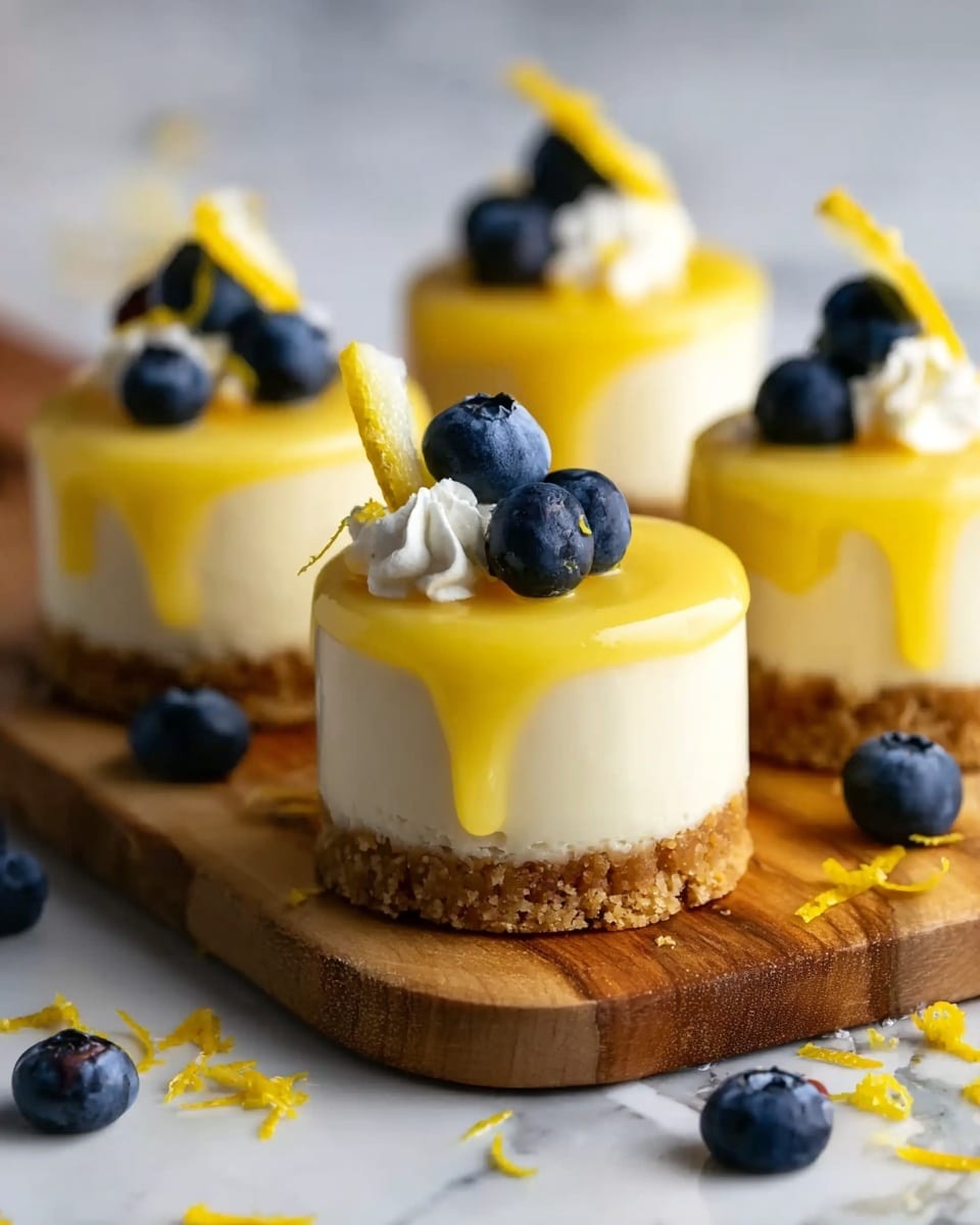 The image shows multiple mini lemon blueberry cheesecake bites arranged in a row on a wooden board placed on a white marbled surface. Each cheesecake bite has three distinct layers: a thick brown crumbly base at the bottom, a smooth creamy white cheesecake middle layer with visible blueberries inside, and a glossy bright yellow lemon topping layer dripping slightly over the edges. On top of each cheesecake bite, there is a small dollop of white whipped cream, two blueberries, and a small lemon peel twist for decoration. Several loose blueberries and lemon peel twists are scattered around the board adding a fresh and colorful touch. A woman’s hand is placing two blueberries on one of the cheesecake bites in the foreground. photo taken with an iphone --ar 4:5 --v 7