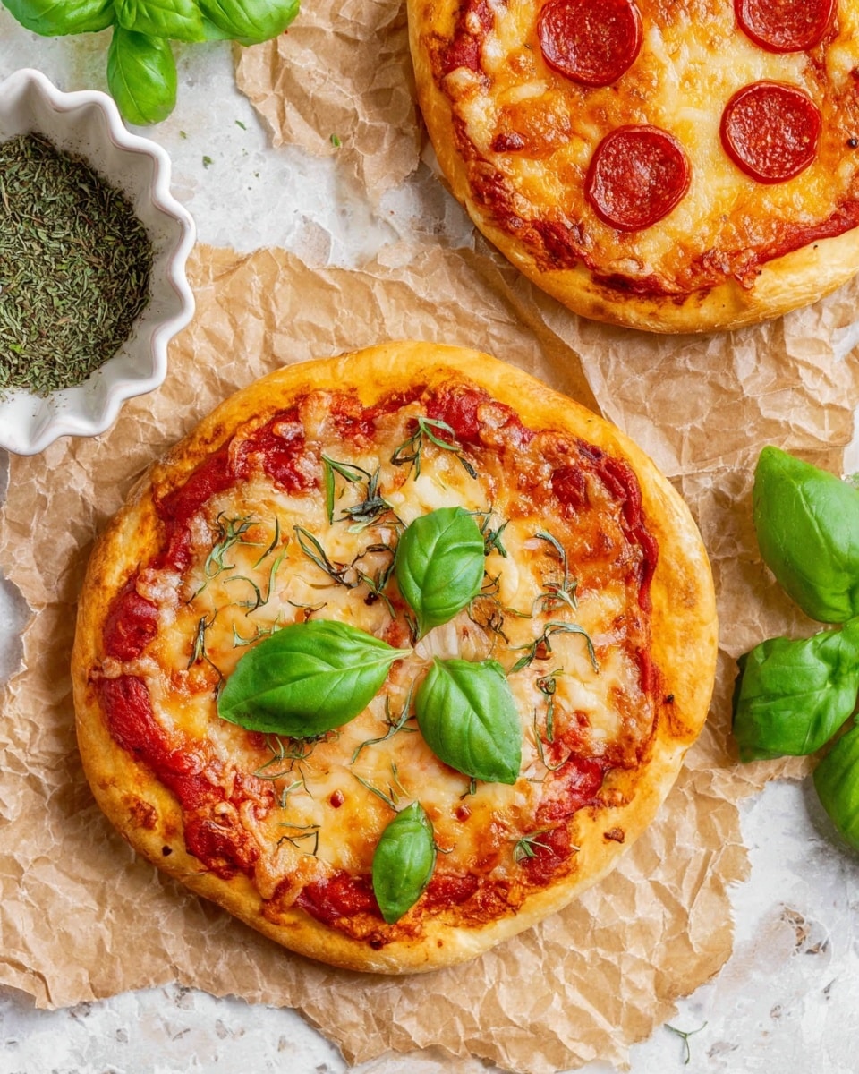 A round pizza with a golden brown crust sits on crumpled brown paper over a white marbled surface. It has a thin layer of red tomato sauce under a melted, slightly browned layer of white cheese that covers the whole top. Fresh, bright green basil leaves of various sizes are scattered evenly on top of the cheese. Around the pizza, there are a few loose basil leaves and three small white bowls: one with pale yellow cheese shavings, one with dried green herbs, and one with dark red chili flakes. A piece of orange cloth with a red and blue floral pattern is partly visible at the bottom left corner. photo taken with an iphone --ar 4:5 --v 7