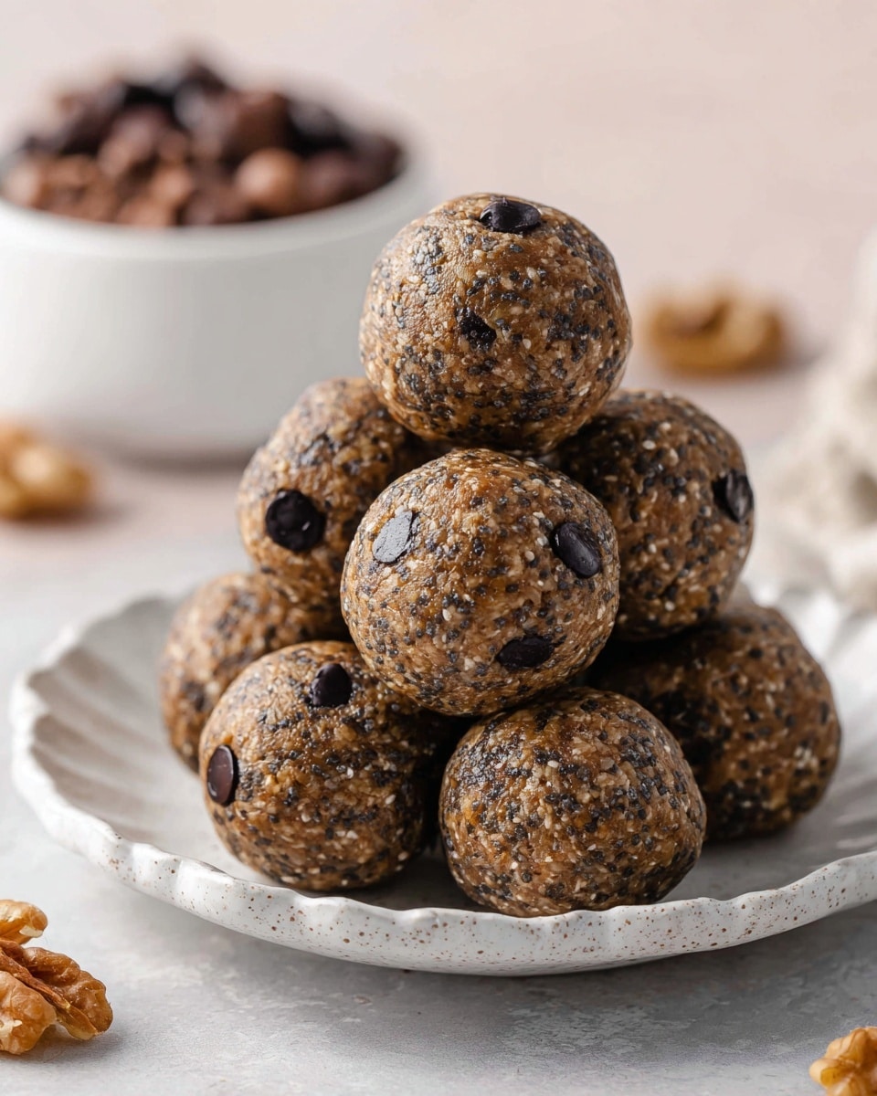 A stack of six round energy balls sits on a white speckled plate with a scalloped edge, each ball covered in visible chia seeds and dotted with dark chocolate chips evenly spread around the light brown textured surface. In the blurred background, there is a white bowl filled with dark brown nuts resting on a white marbled texture, while some walnut pieces lay scattered nearby on the surface in the foreground. photo taken with an iphone --ar 4:5 --v 7