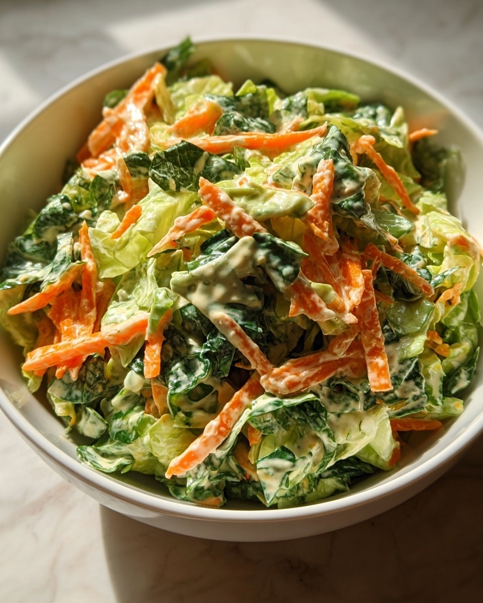 A close-up view of a white bowl filled with a creamy coleslaw salad, showing shredded green cabbage mixed with thin strips of bright orange carrots. The salad is coated in a smooth, light-colored dressing that gives a slightly glossy texture. The crispiness of the cabbage contrasts with the soft creaminess of the dressing, and bits of green herbs are visible mixed within. The bowl sits on a white marbled surface with some green plants blurred softly in the background. photo taken with an iphone --ar 4:5 --v 7