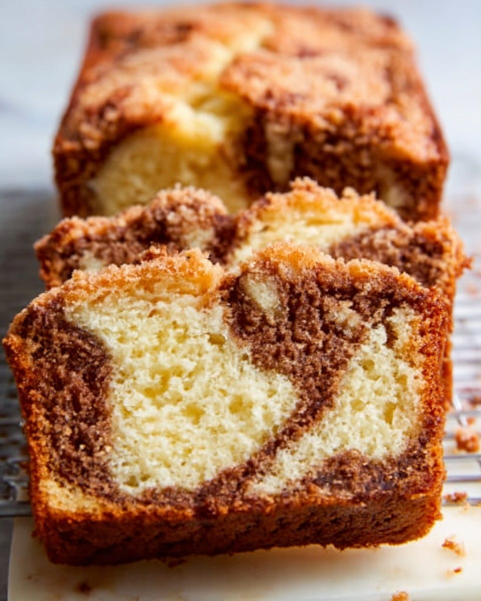 The image shows a close-up of a loaf of crumb-topped cake on a white marbled surface. The cake is sliced, revealing its texture inside with a golden brown crumb topping that looks crunchy and slightly rough. The inside of the cake is light yellow, soft, and moist with a slightly grainy texture. The edges of the slice are darker brown and firm. In the background, a white cup and a silver fork rest on the surface, slightly out of focus. photo taken with an iphone --ar 4:5 --v 7