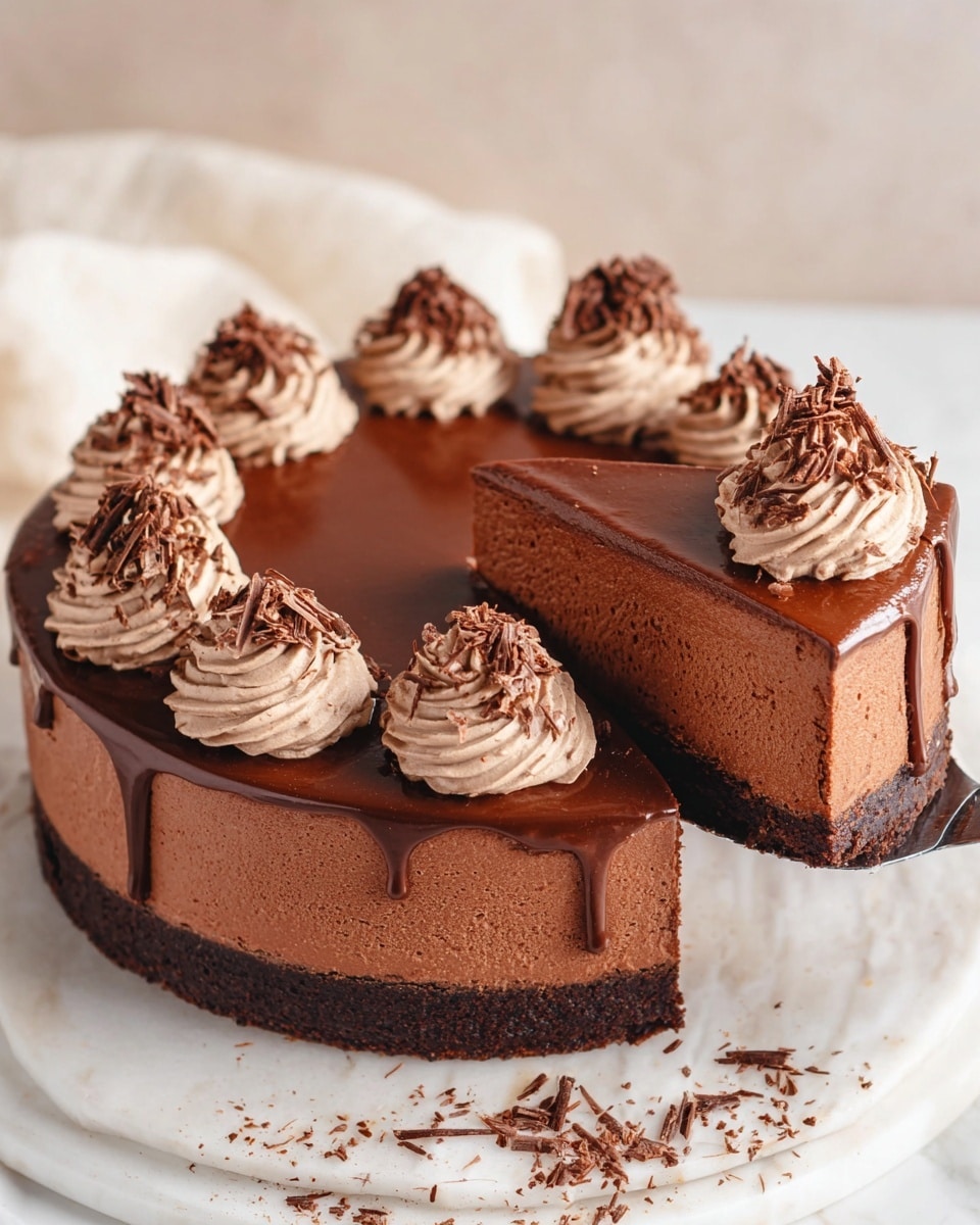 The image shows a rich chocolate cake with two thick layers of moist dark brown chocolate sponge. Between the layers and on top is smooth, creamy chocolate frosting, dark and glossy, with swirls of whipped chocolate cream piped on the top edge in small round dollops. Some chocolate drizzle runs gently down the sides, adding a shiny texture. The cake sits on a white marble cake stand with a wooden base, and the background features a soft, warm beige tone. Photo taken with an iphone --ar 4:5 --v 7
