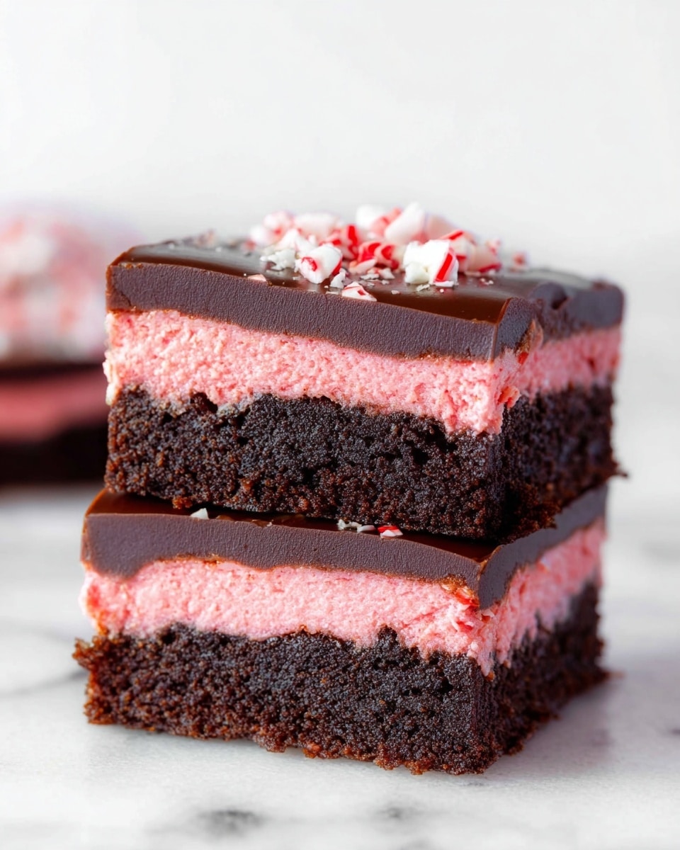 Two square layered brownie pieces are stacked on a white marbled surface. Each piece has three layers: a thick dark brown, moist brownie base at the bottom; a bright pink, fluffy cream middle layer; and a smooth, glossy dark brown chocolate topping. Small pieces of crushed white and red peppermint candy are sprinkled on top. The texture shows the soft crumb of the brownie contrasting with the creamy middle and shiny chocolate top. photo taken with an iphone --ar 4:5 --v 7