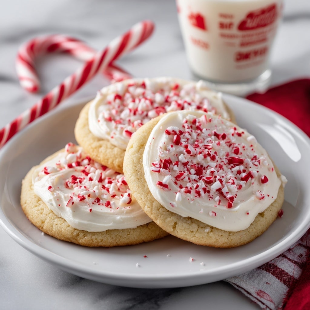 The image shows soft round cookies with a thick layer of white icing on top. Each cookie is sprinkled with small red and white crushed candy pieces. One cookie is partly eaten, revealing a light tan inside with a soft texture. The cookies rest on a baking tray lined with white paper, and a white marbled background is visible underneath. A white and red striped candy cane is also seen near the cookies. The overall look is bright and festive. photo taken with an iphone --ar 4:5 --v 7