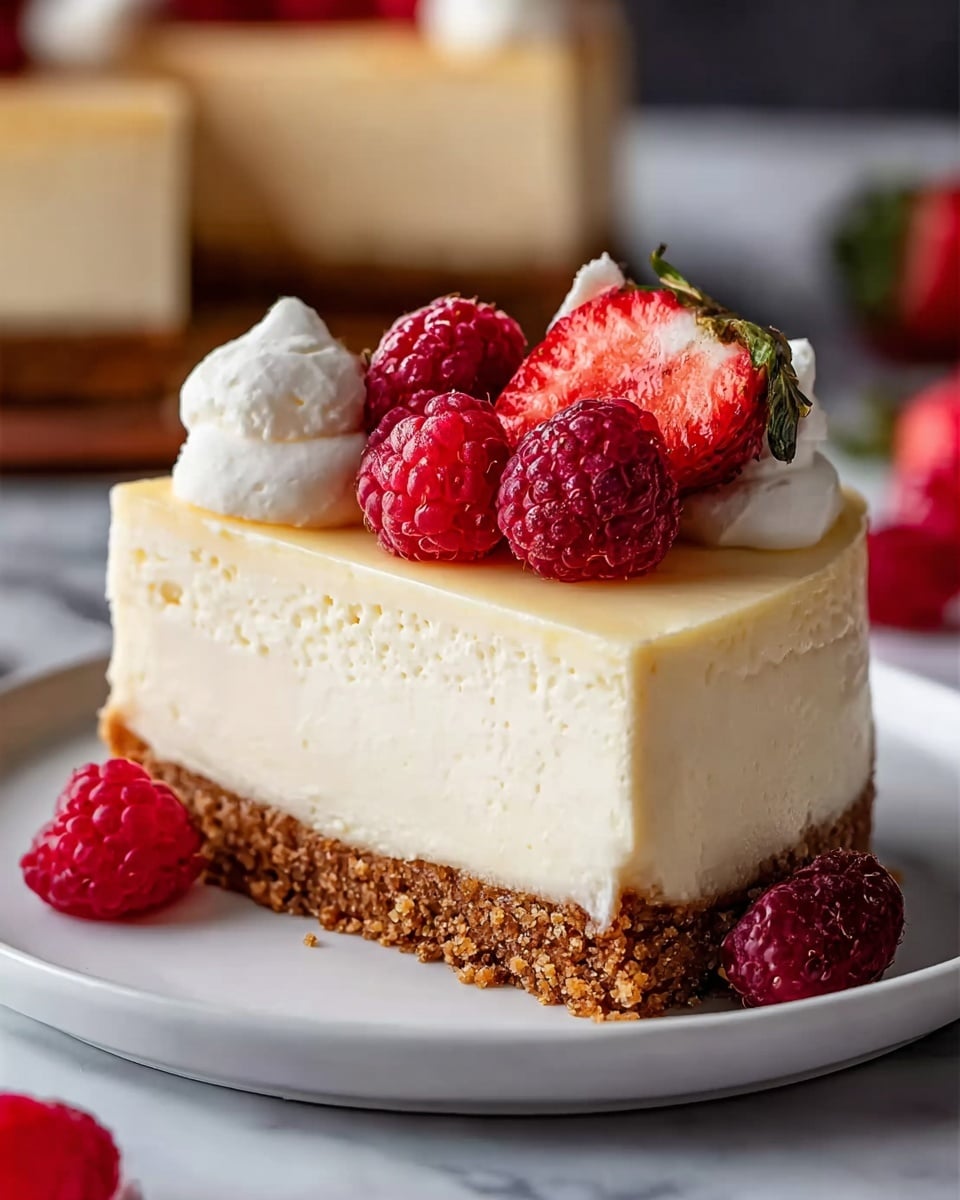 A slice of cheesecake is shown on a white plate with a white marbled surface underneath. The cheesecake has three layers: a thin brown crumb crust at the bottom with a rough texture, a thick, smooth, creamy white middle layer, and a light yellowish top layer. On top, there are several fresh red raspberries and halved strawberries along with two small white dollops of whipped cream placed near the edge. The background shows more cheesecake and scattered raspberries, all on the white marbled surface. photo taken with an iphone --ar 4:5 --v 7