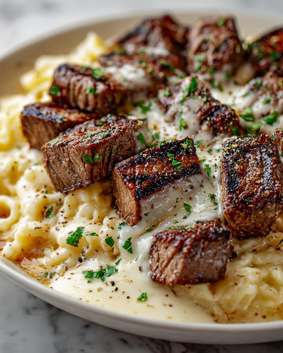 This close-up dish shows a layer of creamy, pale yellow mashed potatoes topped with several thick, grilled steak pieces, each with dark grill marks and a juicy, browned crust. Melted white cheese drapes over the steak, sprinkled with finely chopped green herbs and black pepper, adding bursts of green and dark specks. The food is served on a white plate set on a white marbled surface, giving a clean and elegant look. photo taken with an iphone --ar 4:5 --v 7